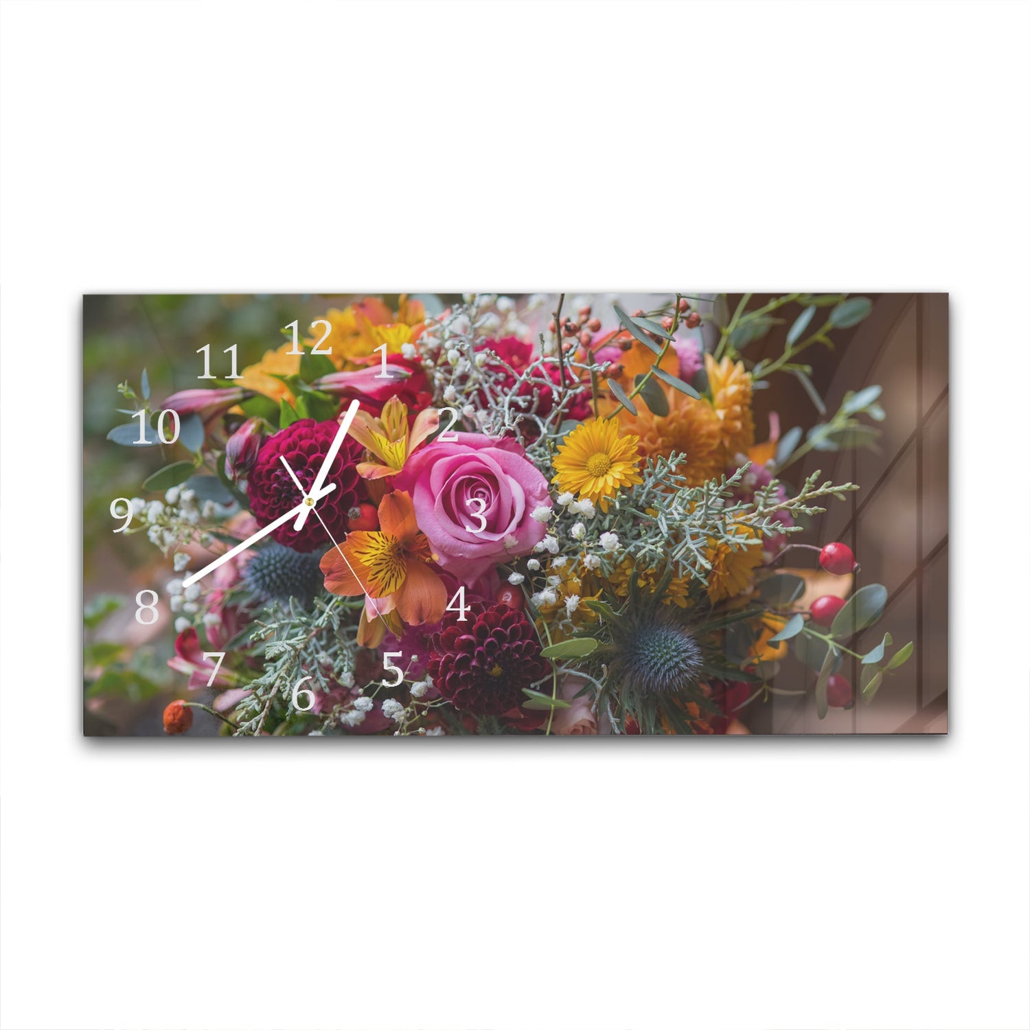 Wanduhr 60x30 - Bunter Blumenstrauß