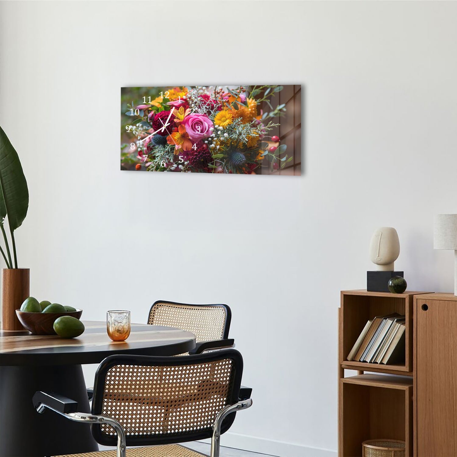 Wanduhr 60x30 - Bunter Blumenstrauß