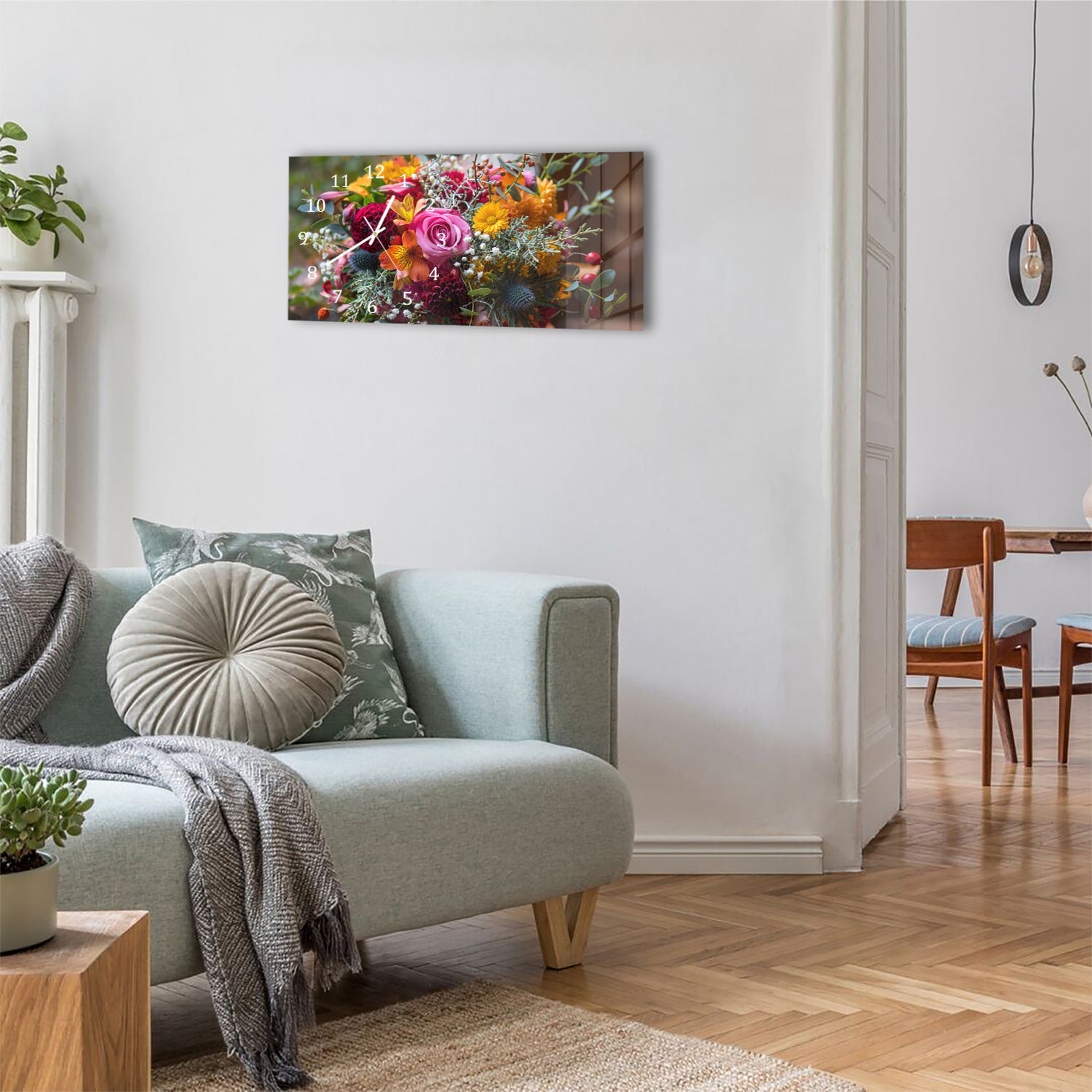 Wanduhr 60x30 - Bunter Blumenstrauß