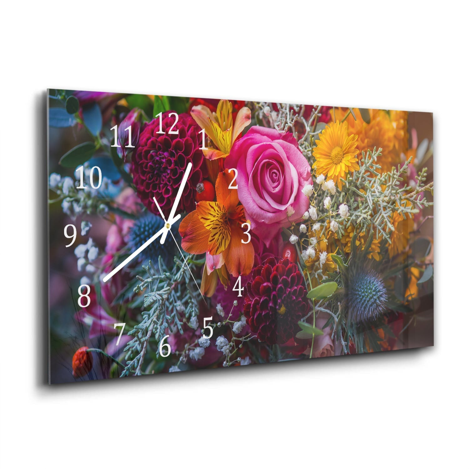 Wanduhr 60x30 - Lebendiger Blumenstrauß