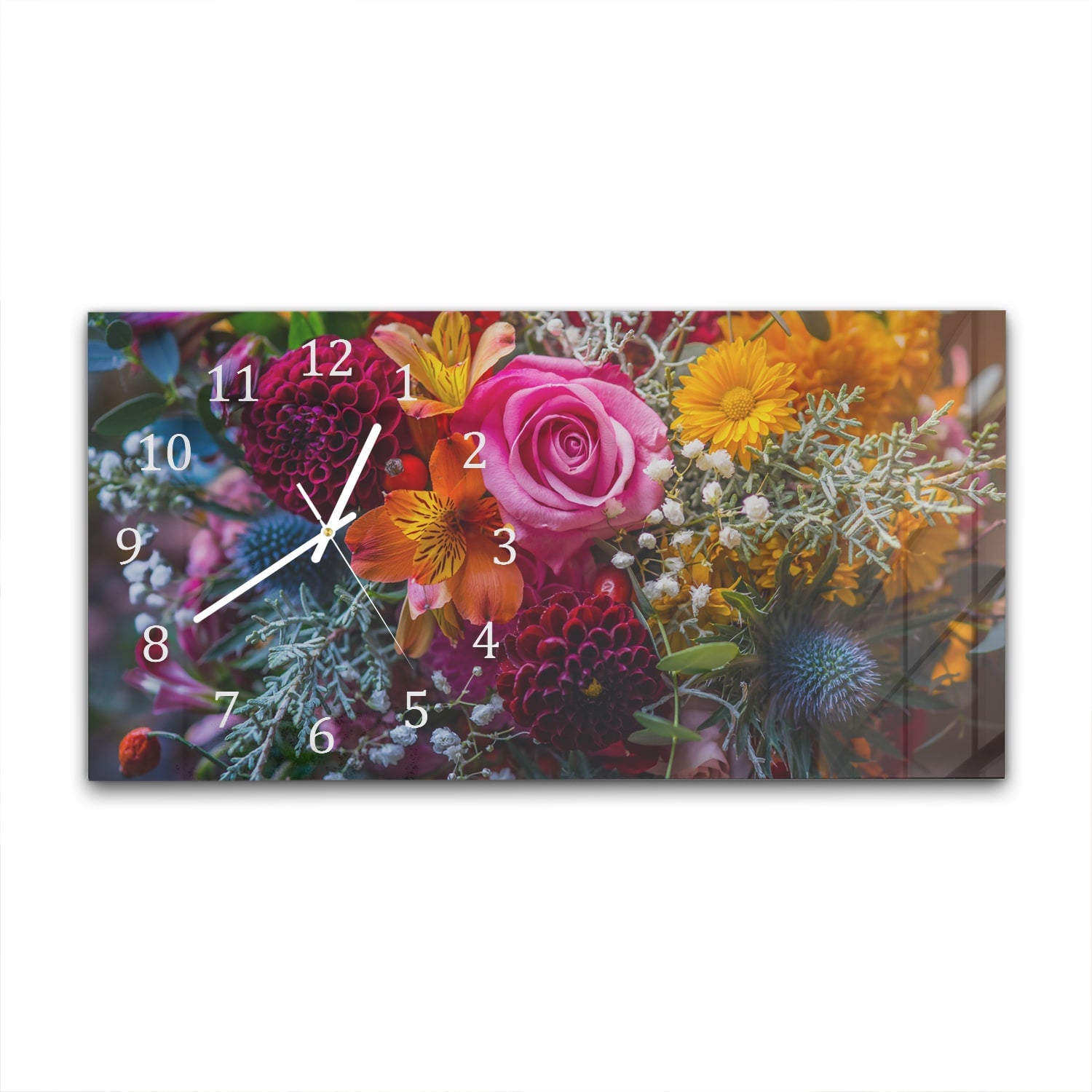 Wanduhr 60x30 - Lebendiger Blumenstrauß