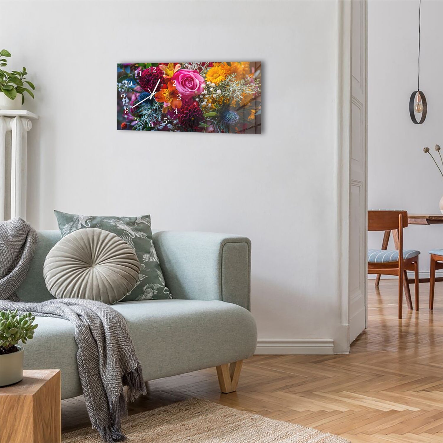 Wanduhr 60x30 - Lebendiger Blumenstrauß