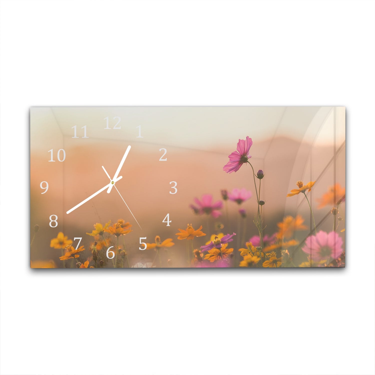 Wanduhr 60x30 - Bunte Blumen bei Sonnenuntergang