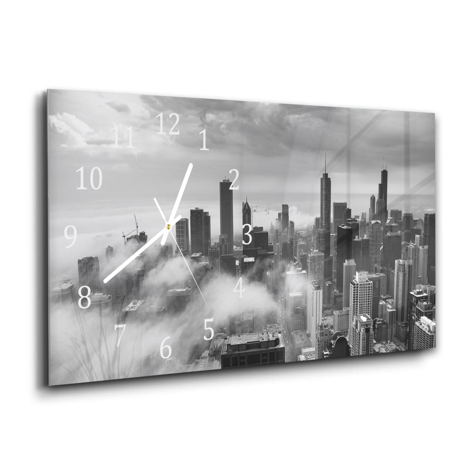 Wanduhr 60x30 - Chicago Skyline im Nebel