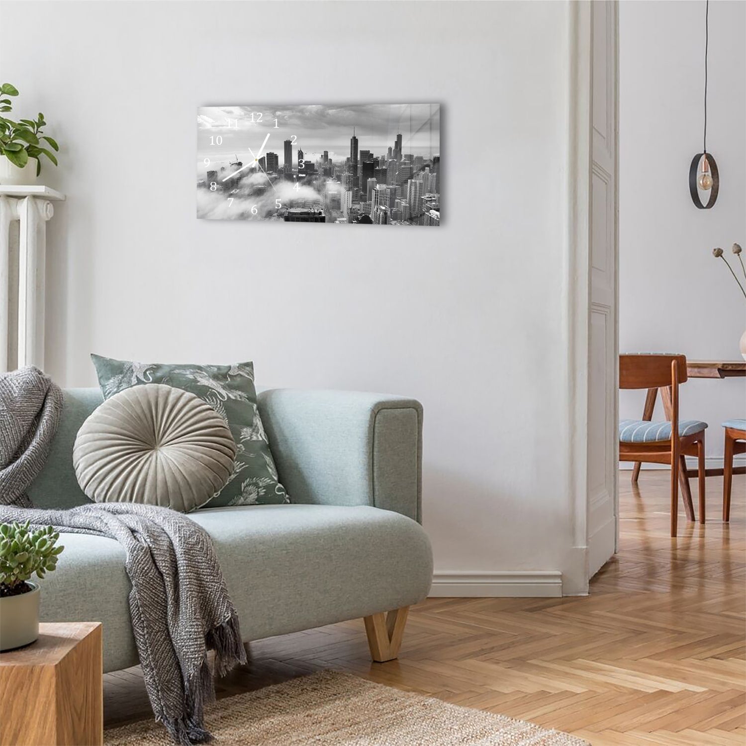 Wanduhr 60x30 - Chicago Skyline im Nebel