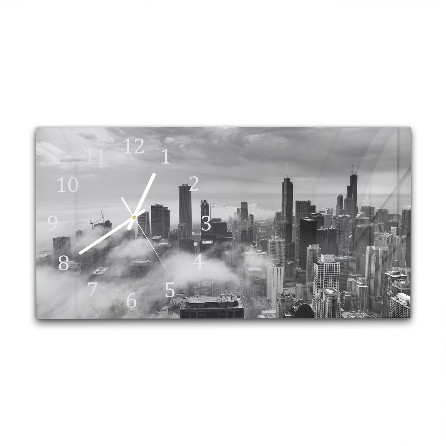 Wanduhr 60x30 - Chicago Skyline im Nebel