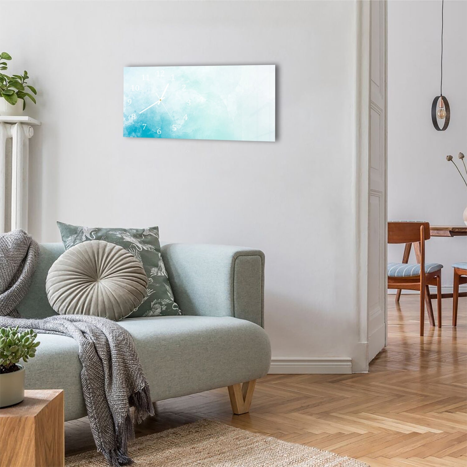 Wanduhr 60x30 - Blaue Aquarellfarbe