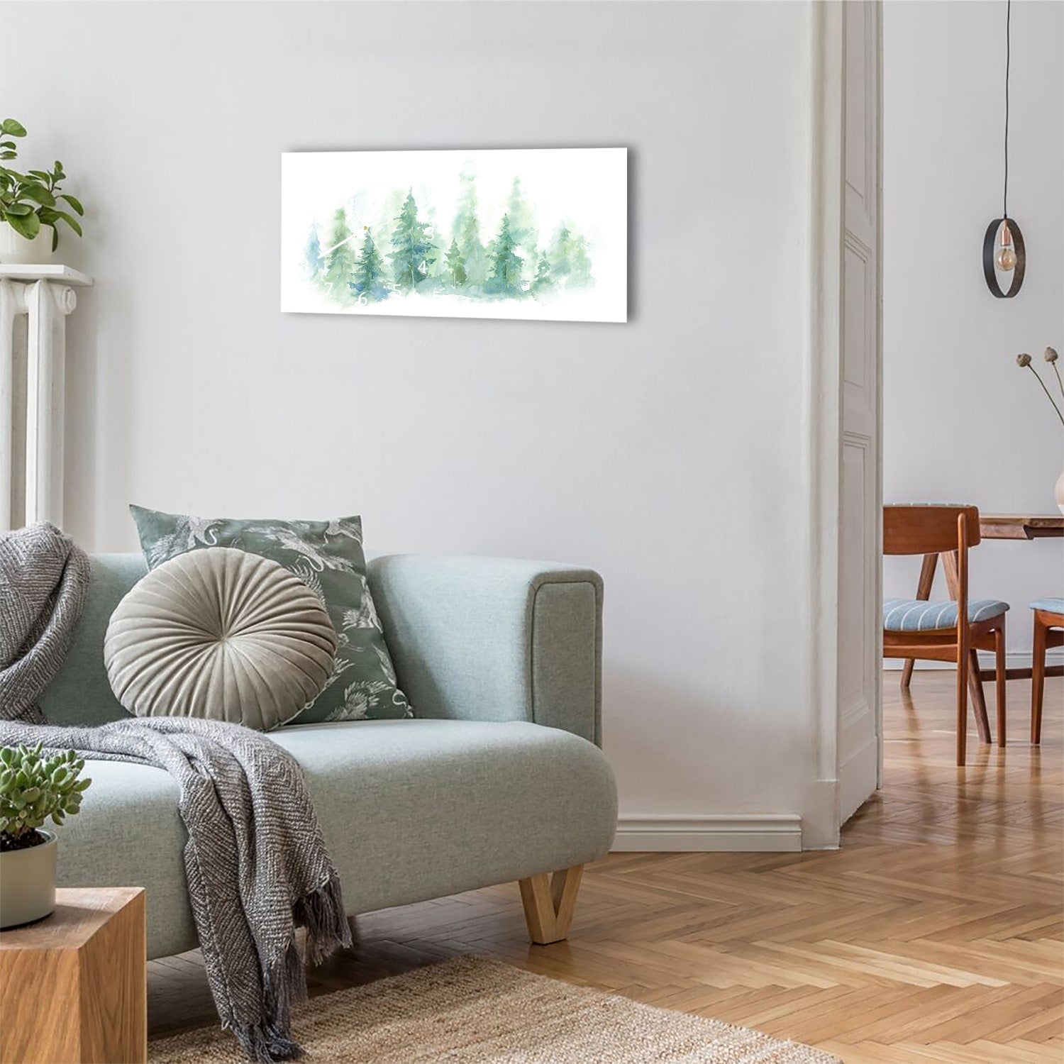 Wanduhr 60x30 - Aquarell-Waldgemälde