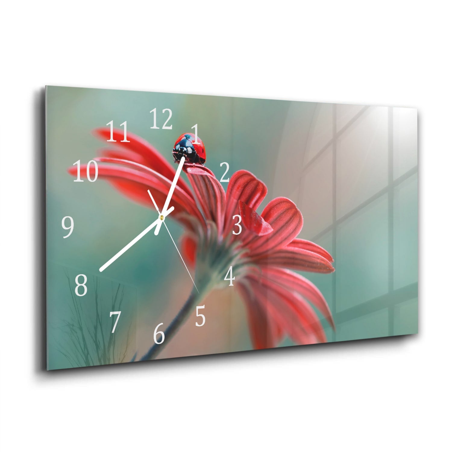 Wanduhr 60x30 - Marienkäfer auf roter Blume