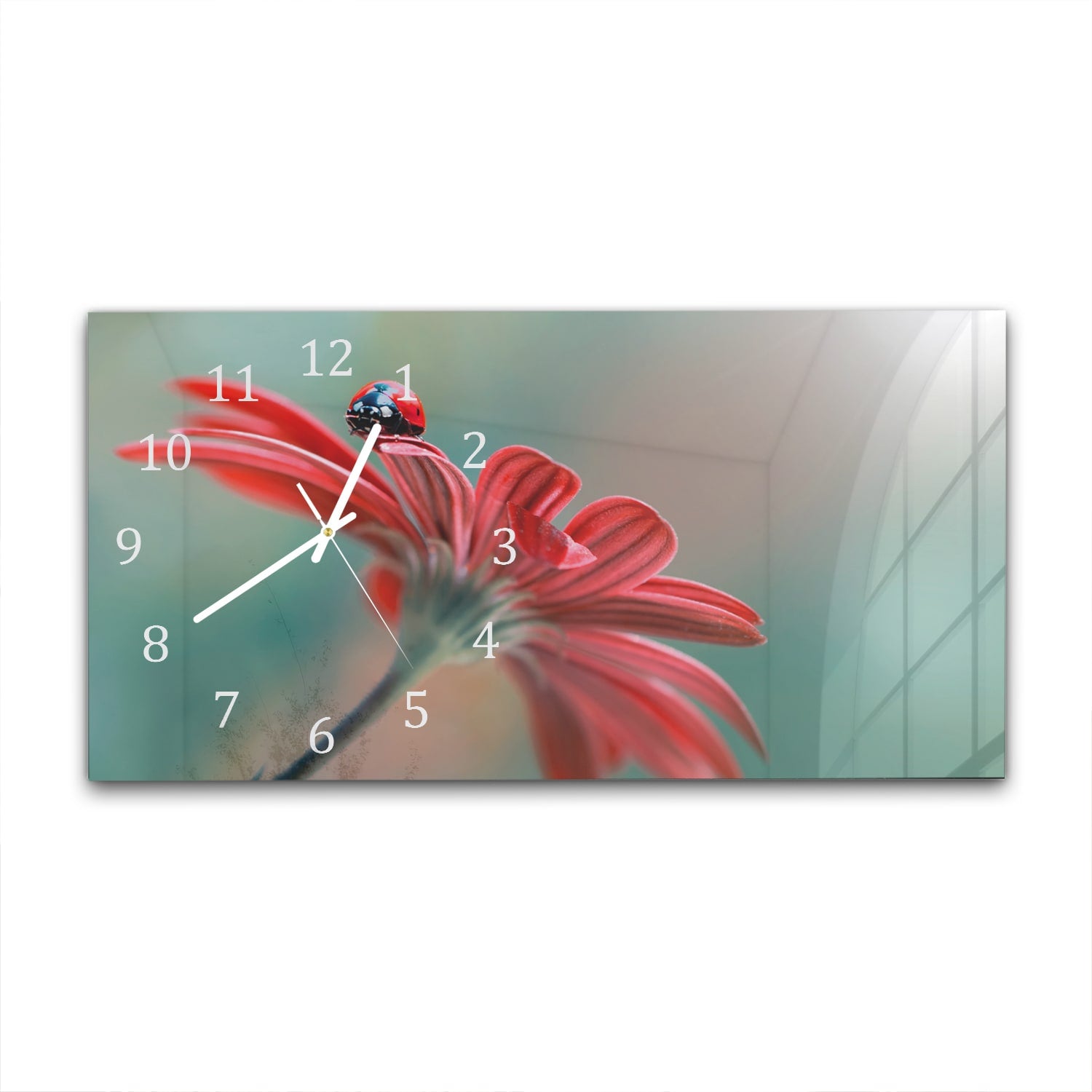 Wanduhr 60x30 - Marienkäfer auf roter Blume