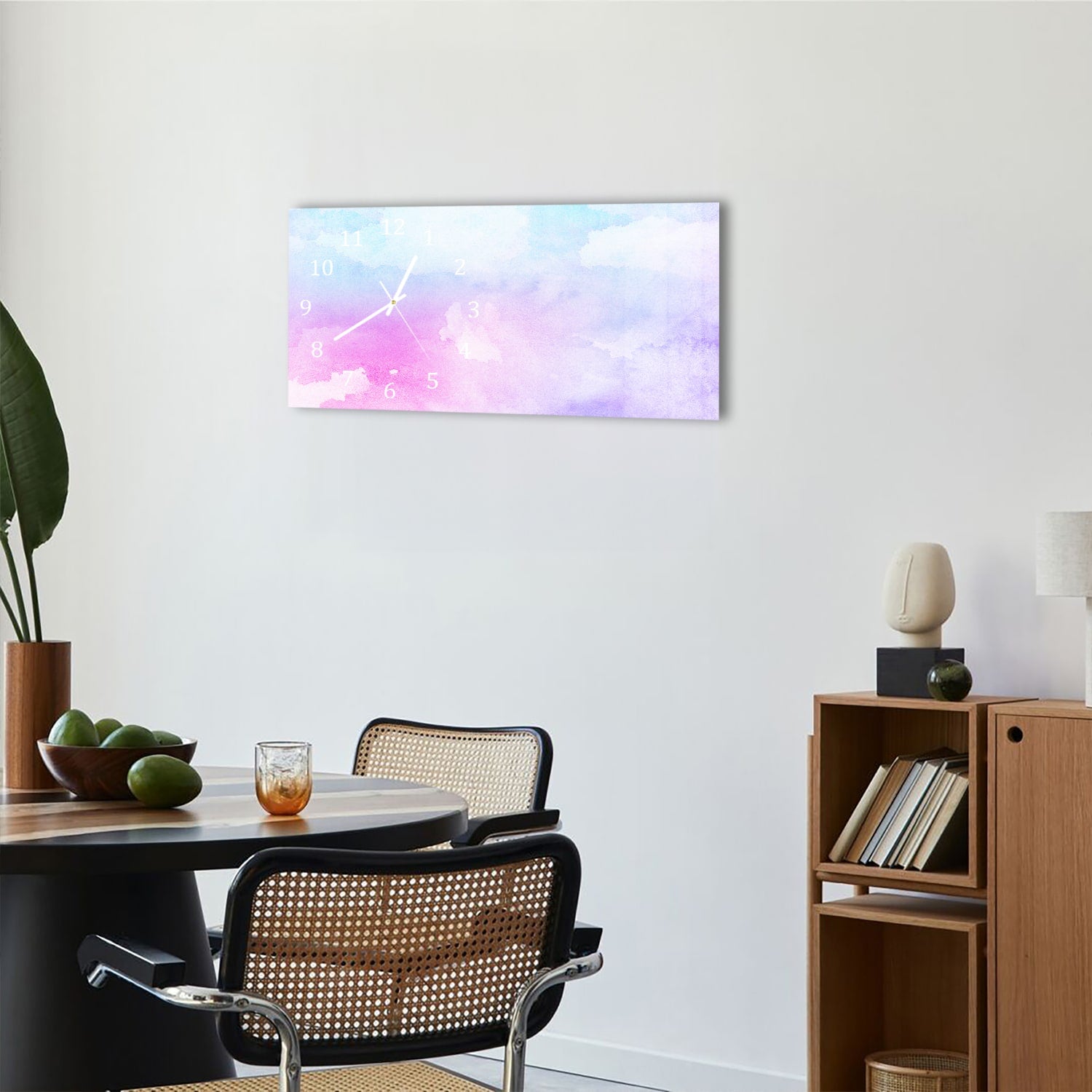 Wanduhr 60x30 - Rosa-blaue Aquarellfarbe