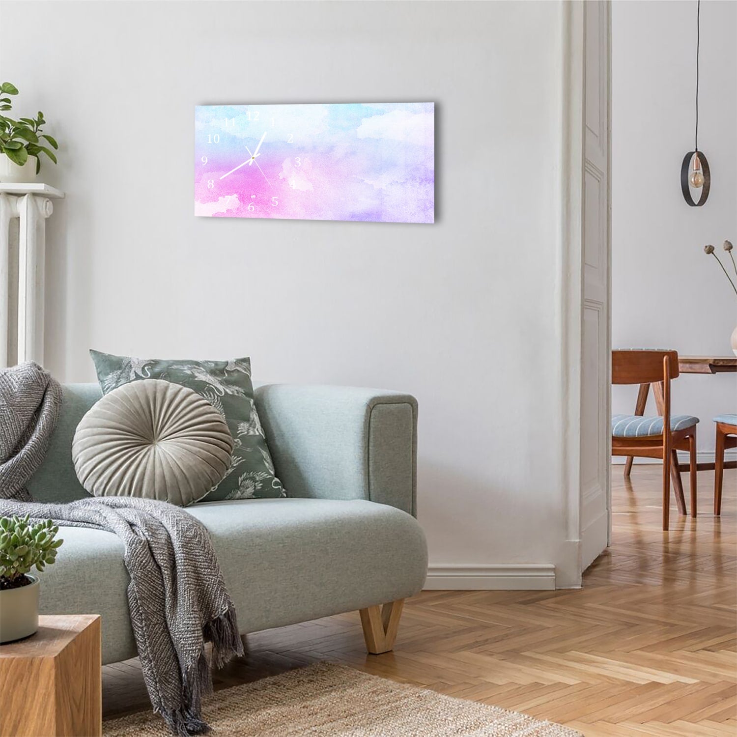Wanduhr 60x30 - Rosa-blaue Aquarellfarbe