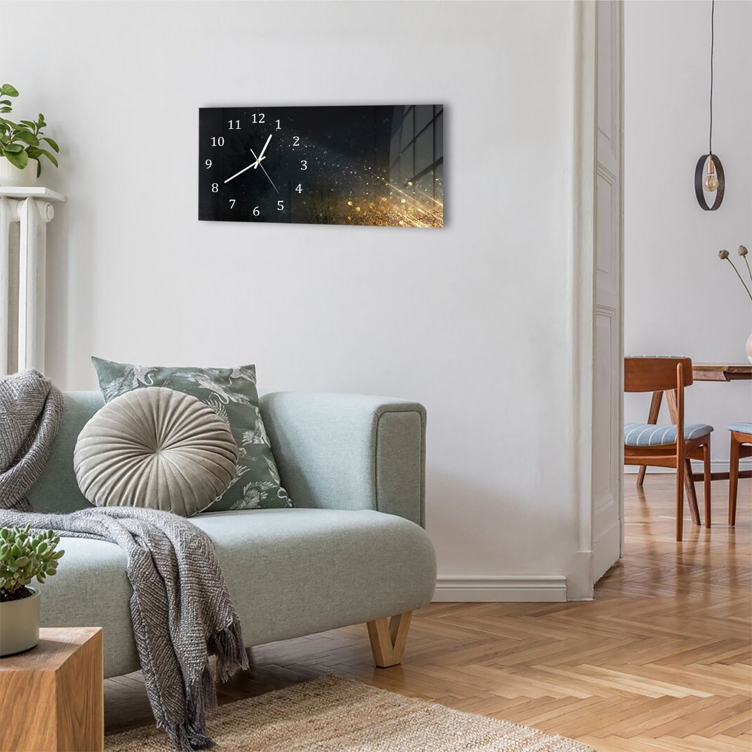 Wanduhr 60x30 - Schwarz-goldener Glitzerhintergrund