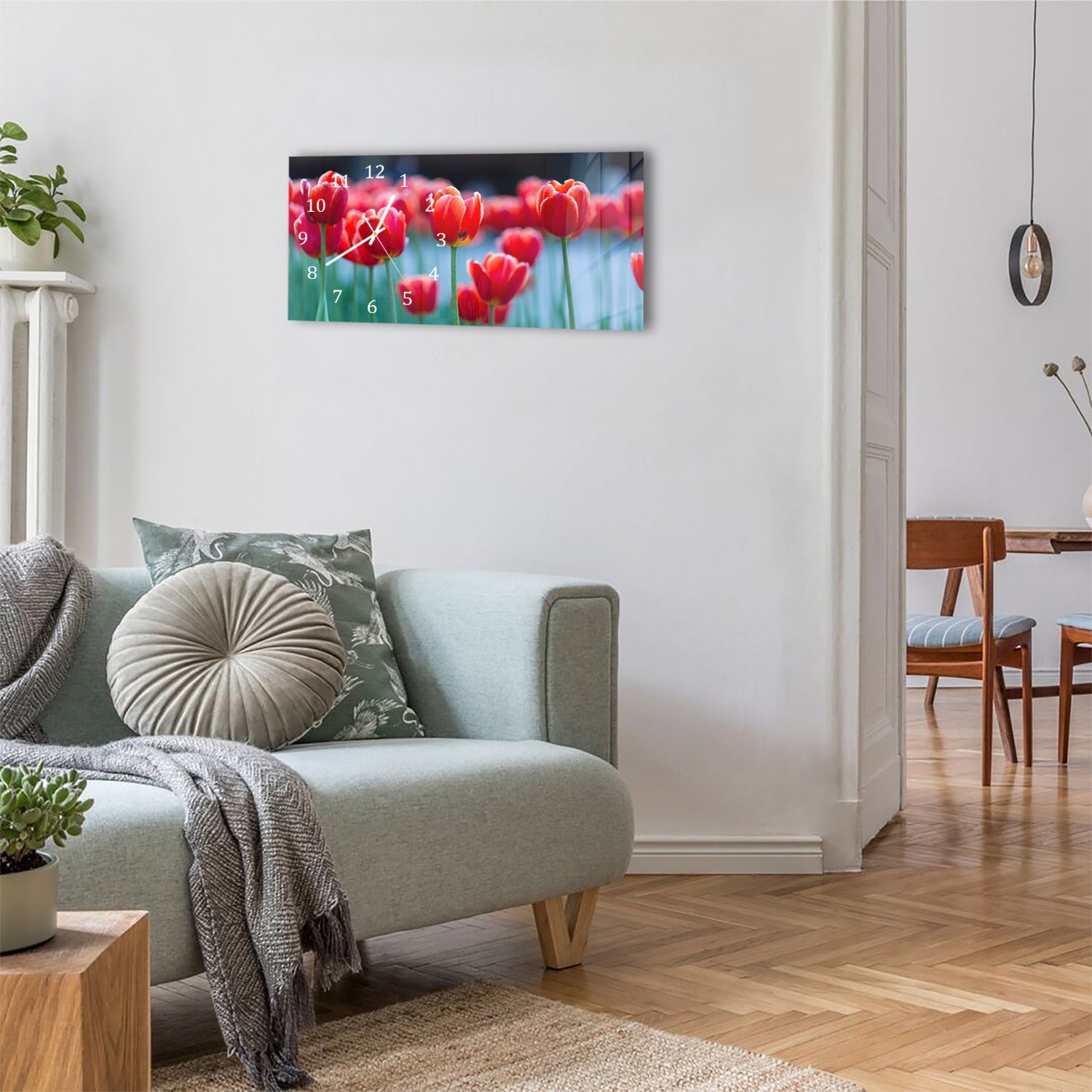 Wanduhr 60x30 - Rote Tulpen