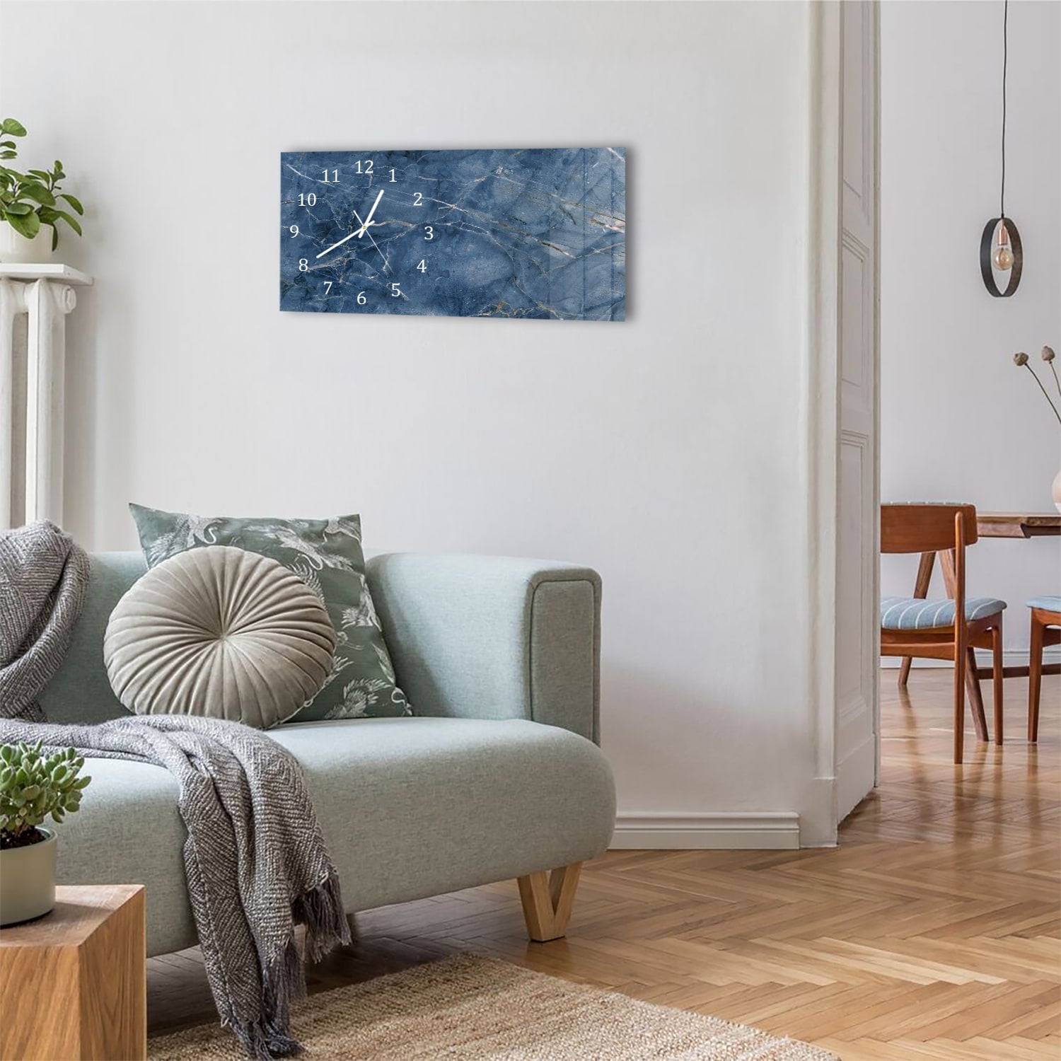 Wanduhr 60x30 - Ozeanblauer Marmor