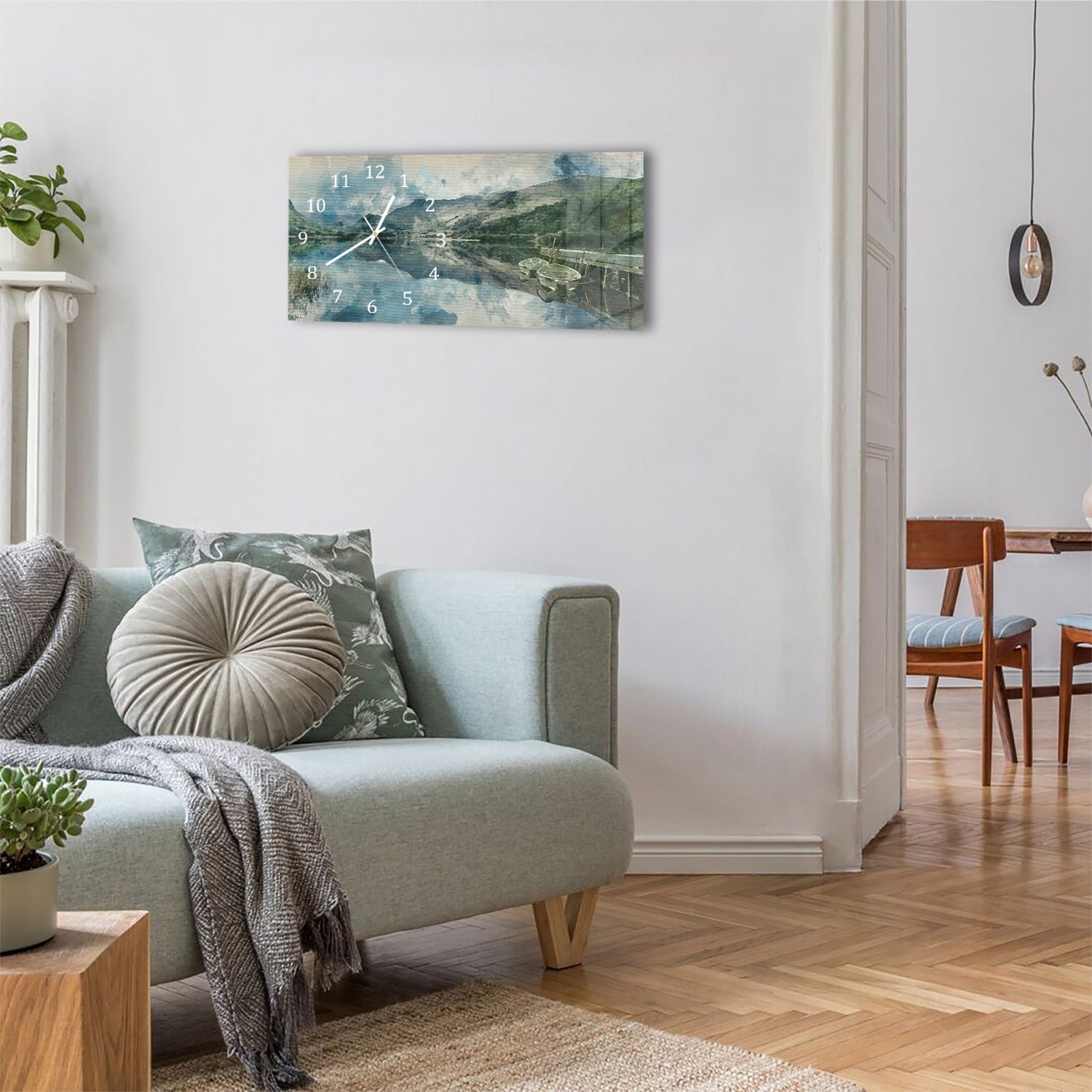 Wanduhr 60x30 - Aquarell-Bergseegemälde