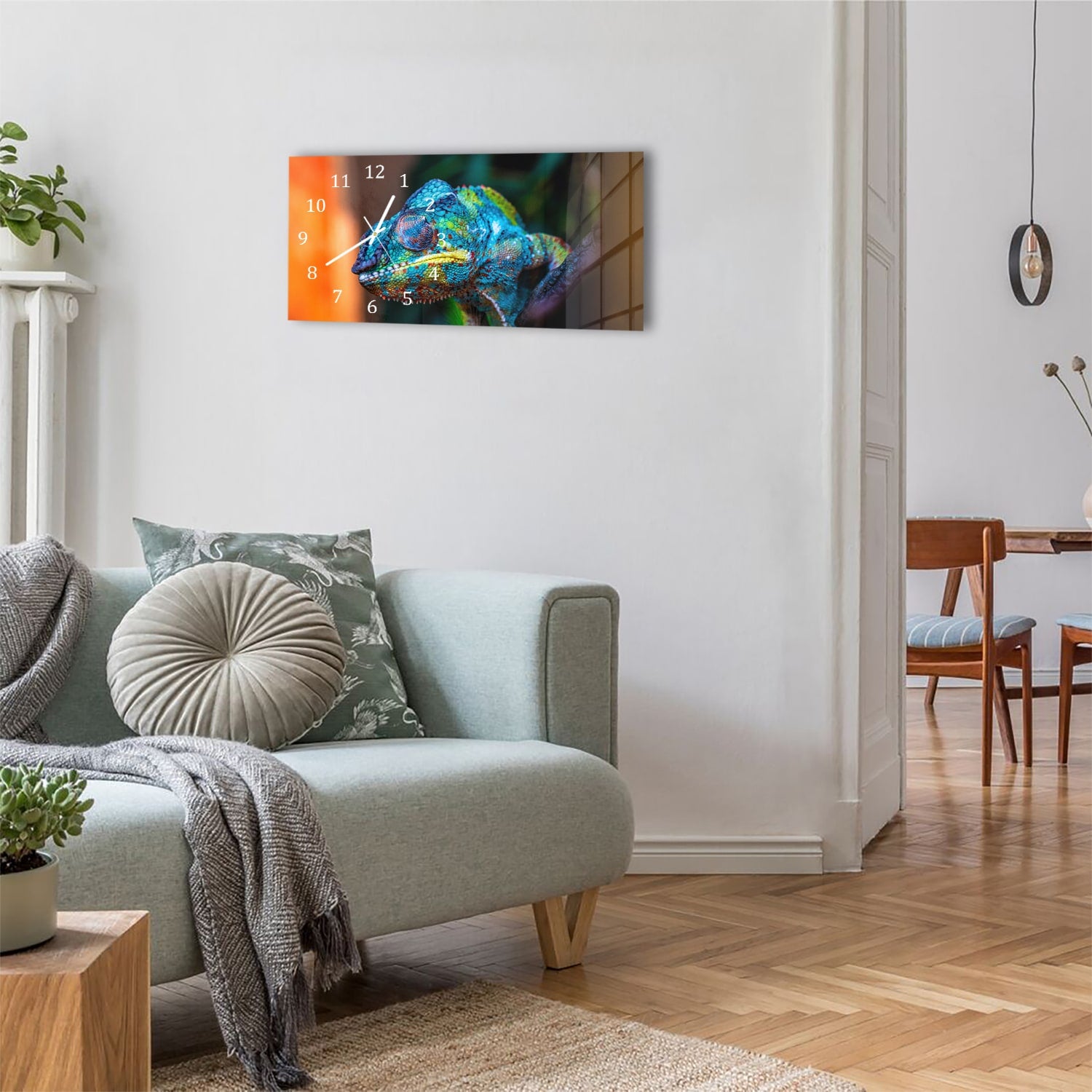 Wanduhr 60x30 - Buntes Chamäleon