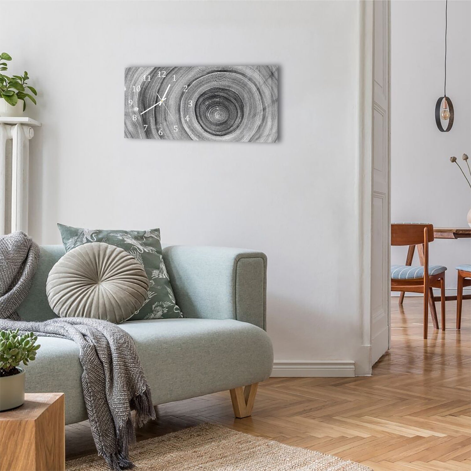 Wanduhr 60x30 - Schwarz-weiße Baumringe