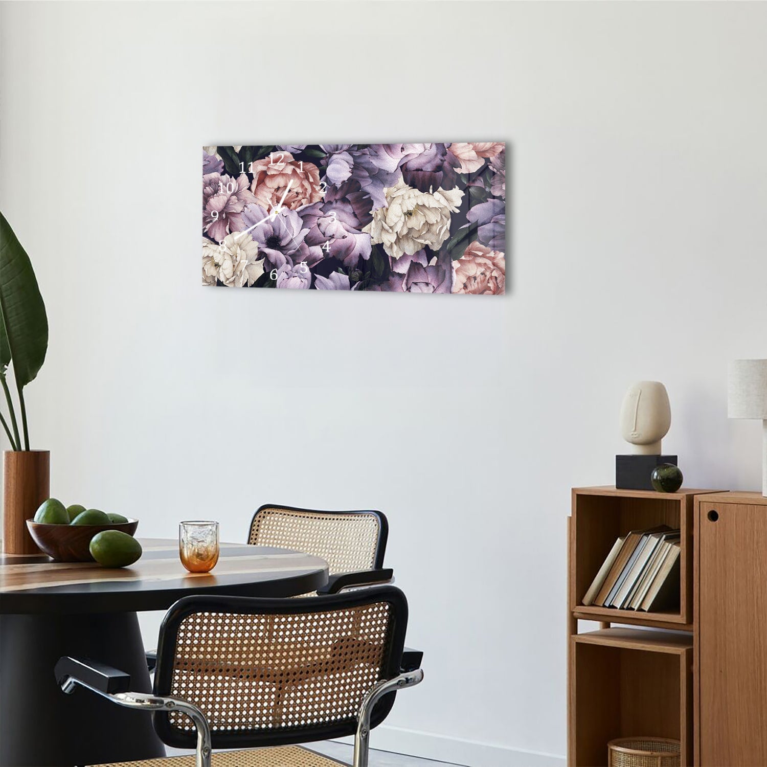 Wanduhr 60x30 - Blumenmuster aus Aquarell