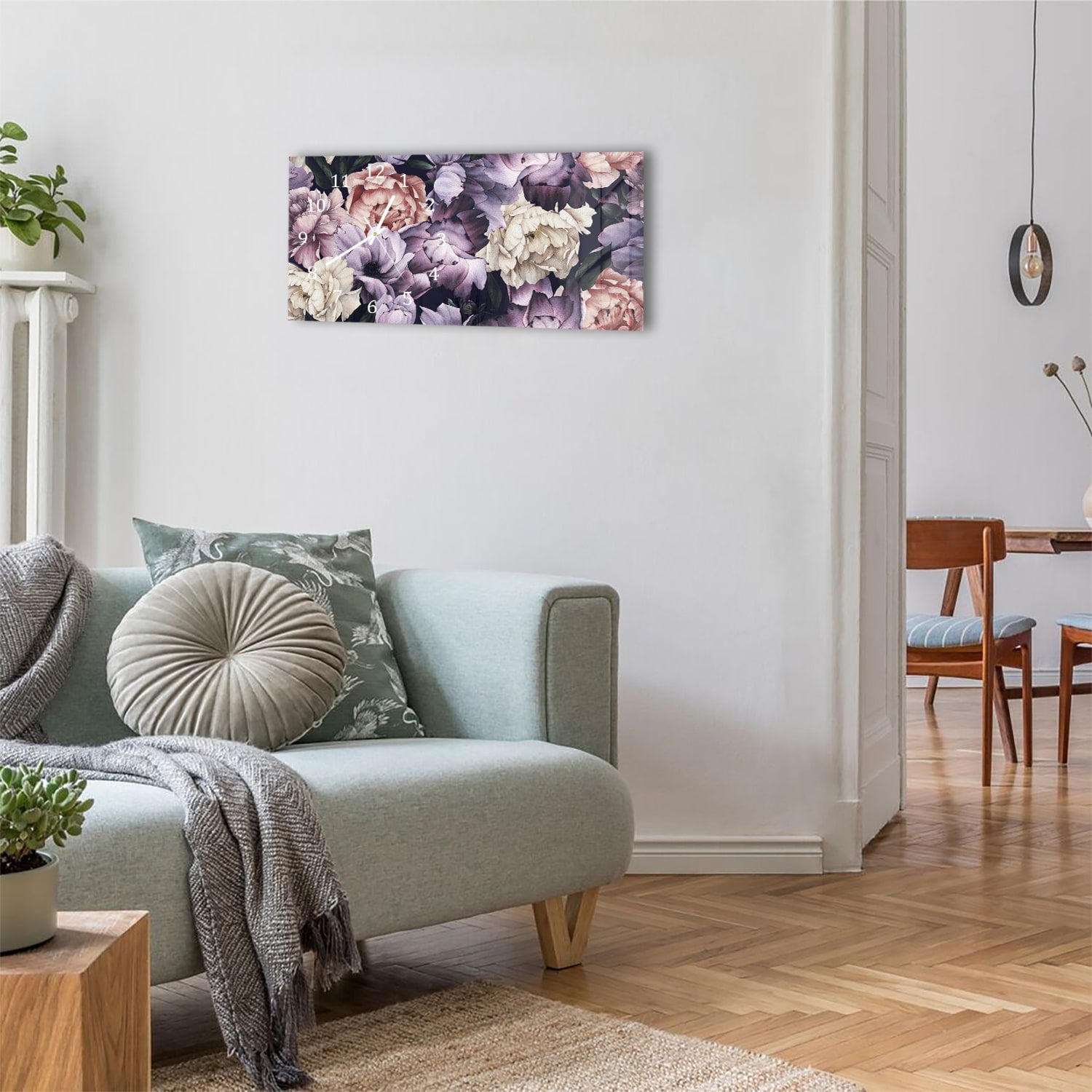 Wanduhr 60x30 - Blumenmuster aus Aquarell