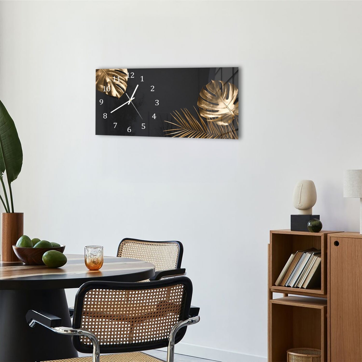 Wanduhr 60x30 - Goldene tropische Blätter
