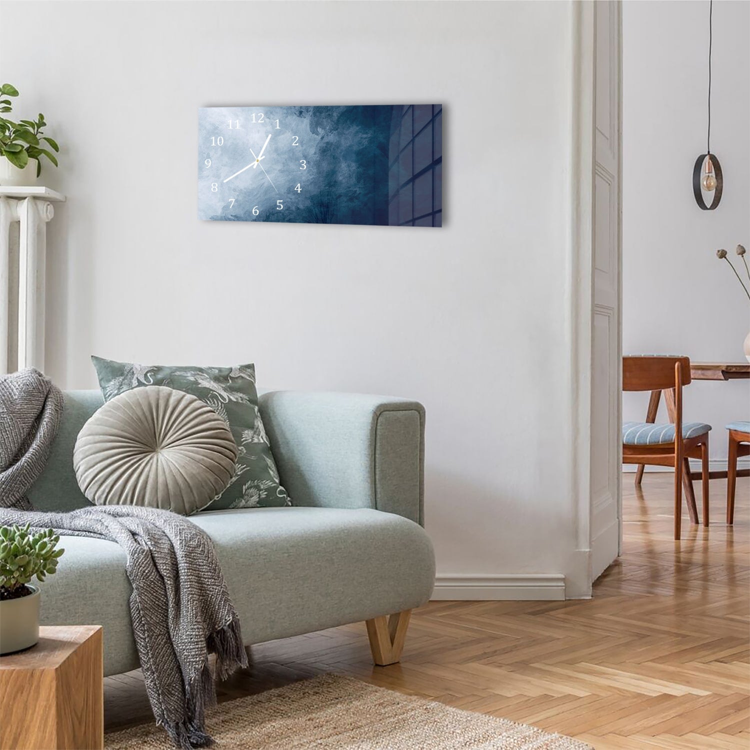Wanduhr 60x30 - Blaue Aquarell-Textur