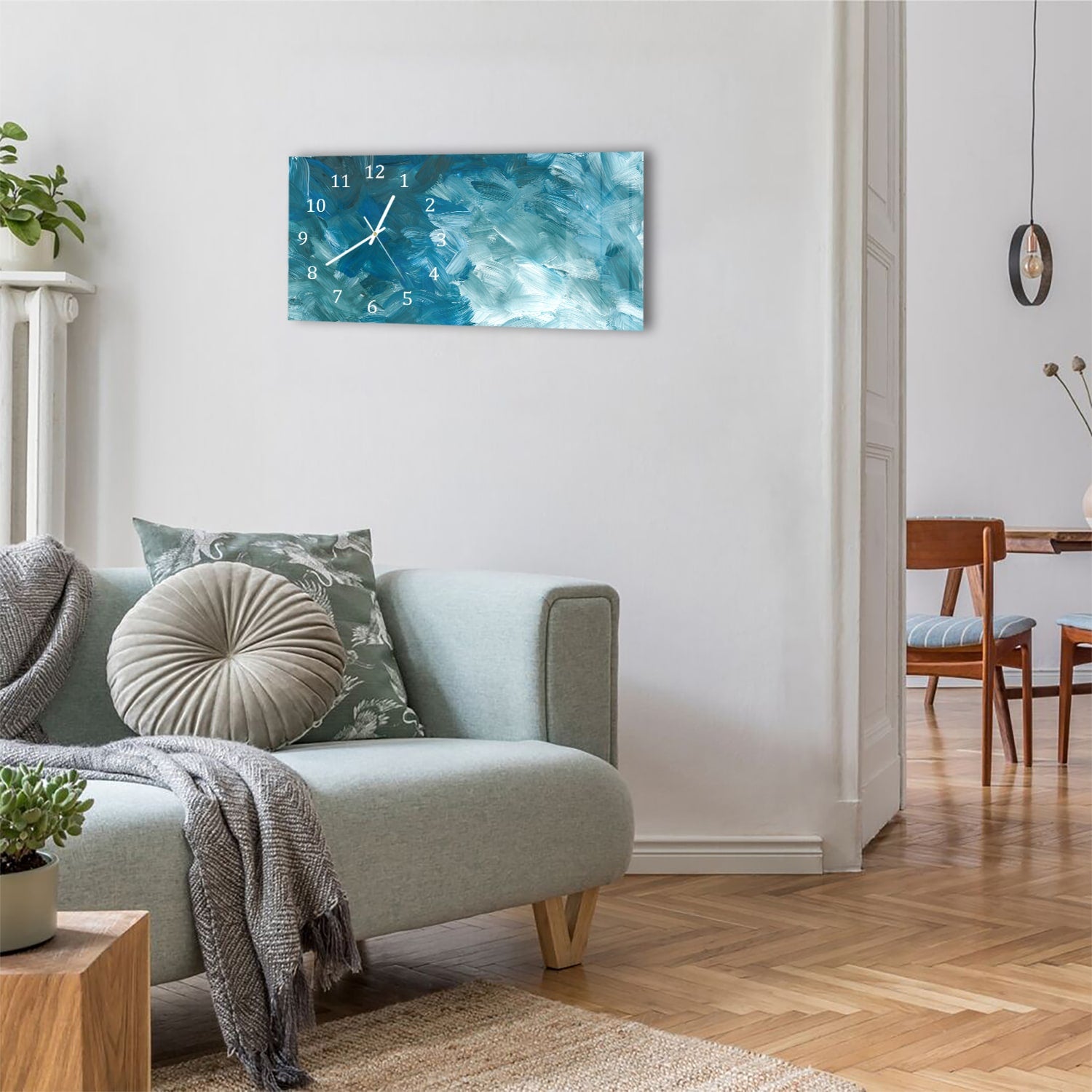 Wanduhr 60x30 - Abstrakte blaue Pinselstriche