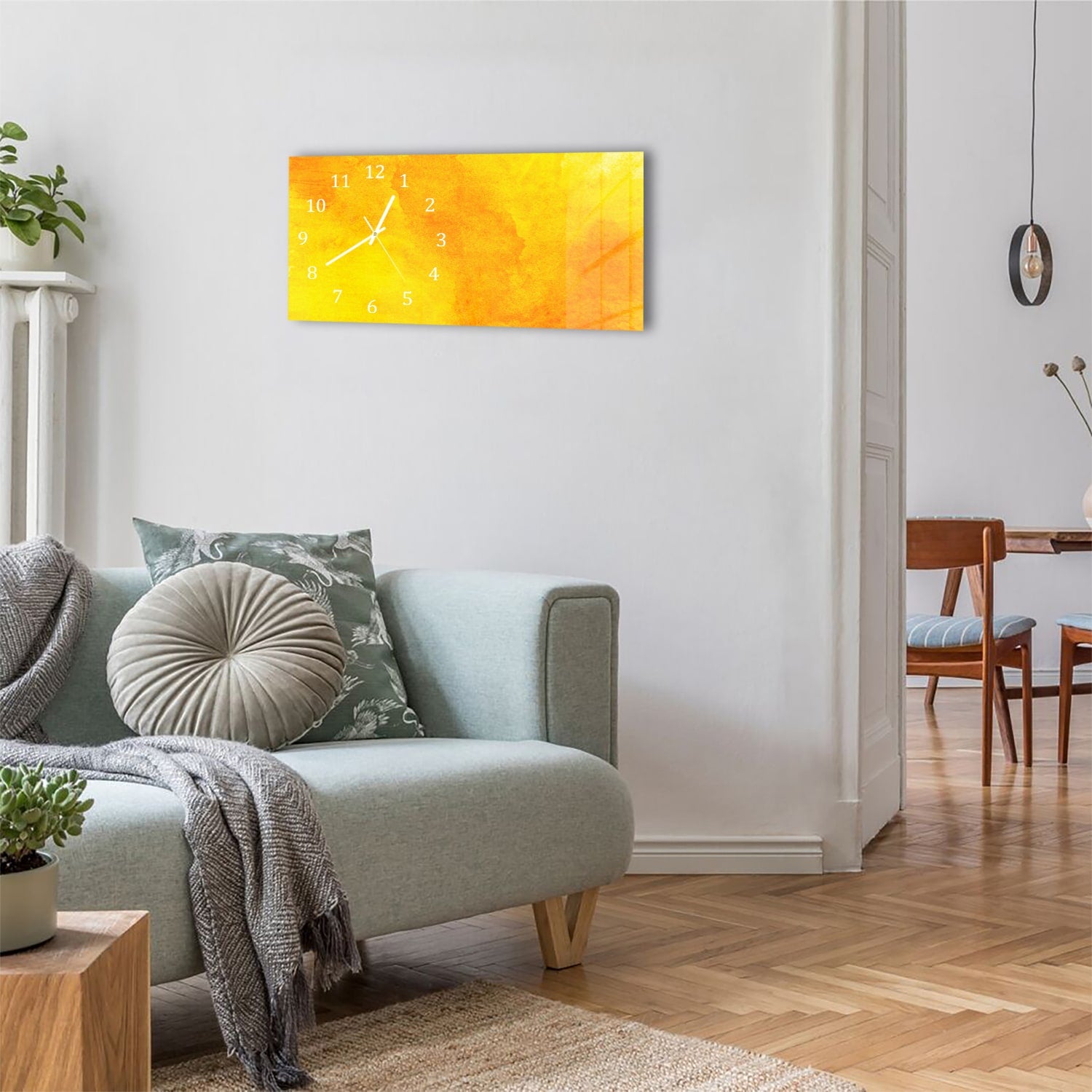 Wanduhr 60x30 - Orange-gelbe Aquarellfarbe