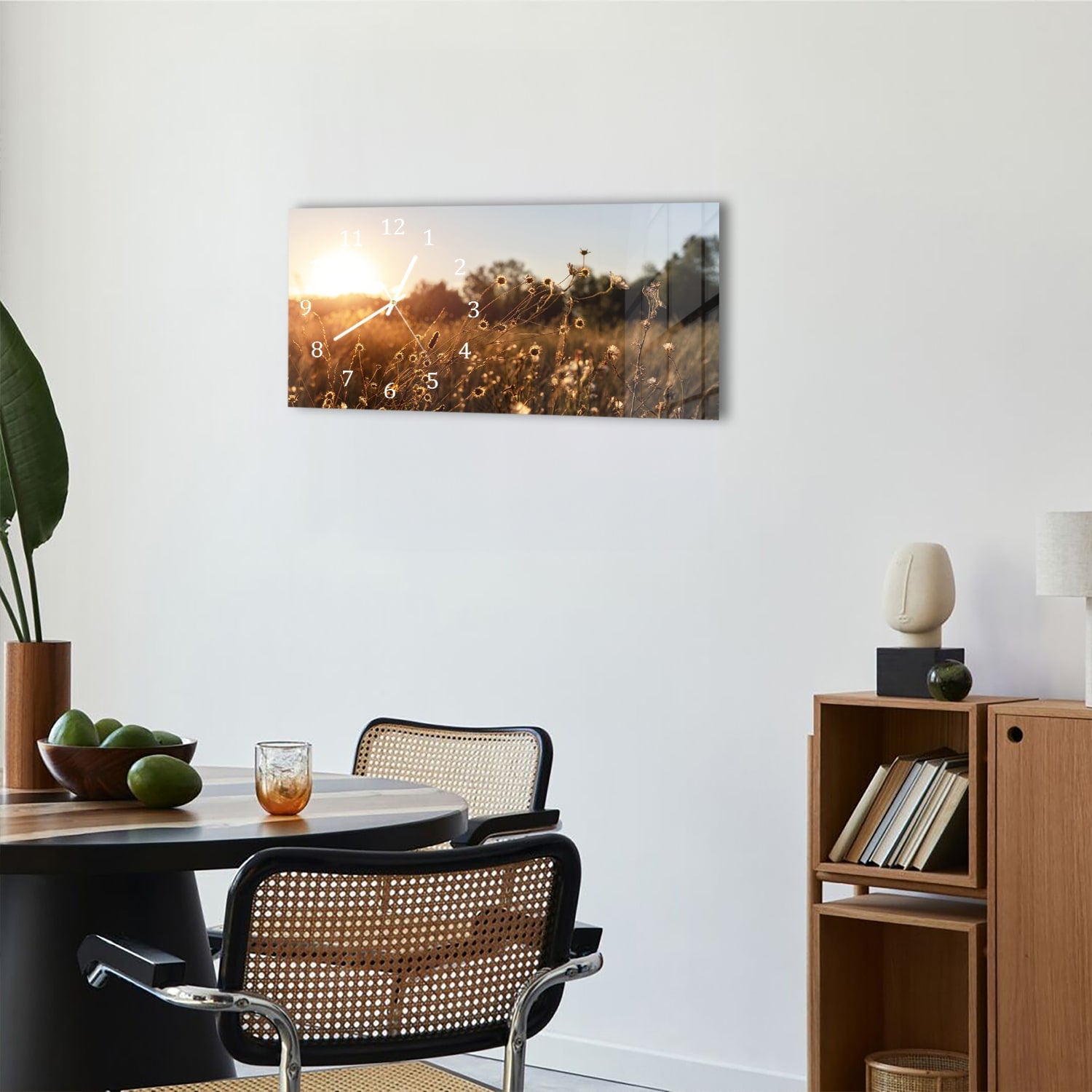 Wanduhr 60x30 - Sonnenuntergang auf der Wiese