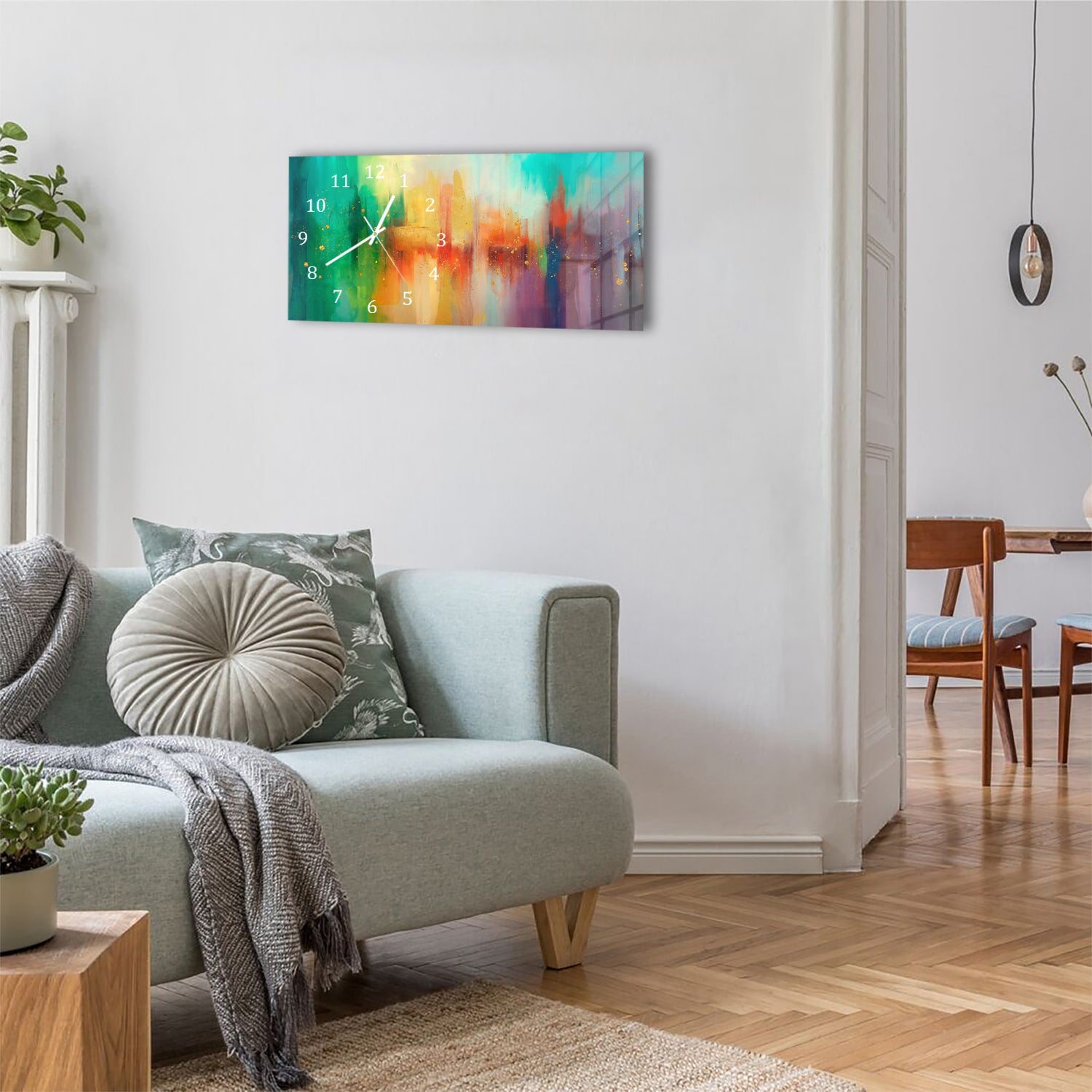 Wanduhr 60x30 - Buntes Aquarellgemälde