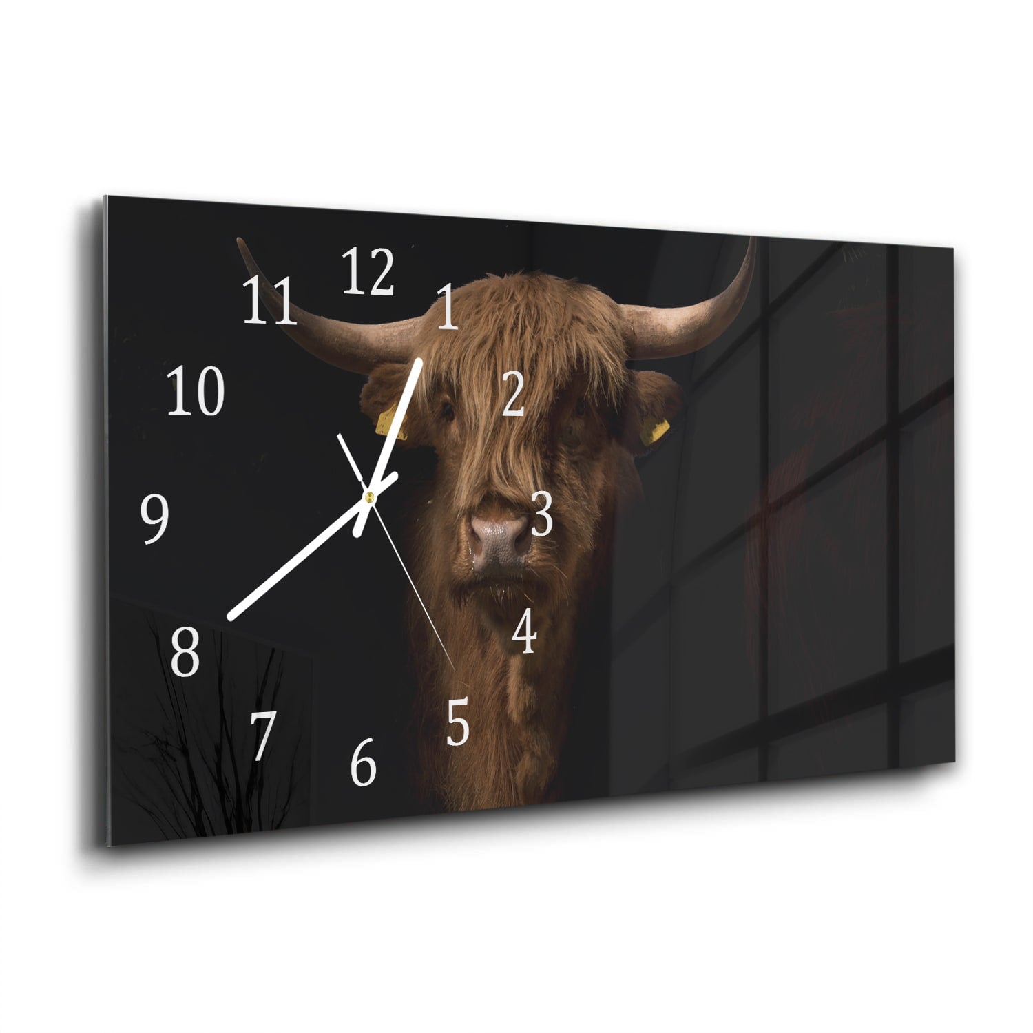 Wanduhr 60x30 - Schottisches Hochlandrind im Dunkeln