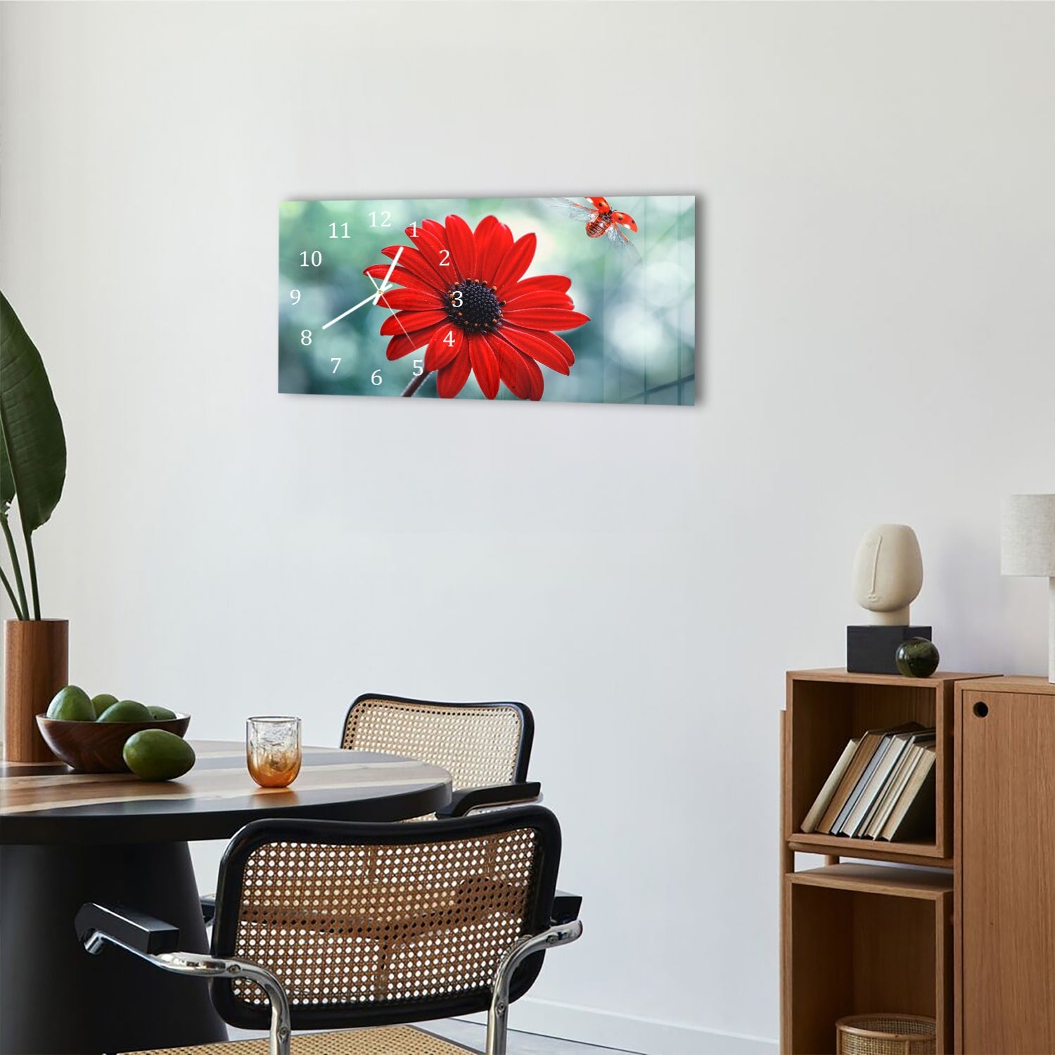 Wanduhr 60x30 - Rote Blume und Marienkäfer