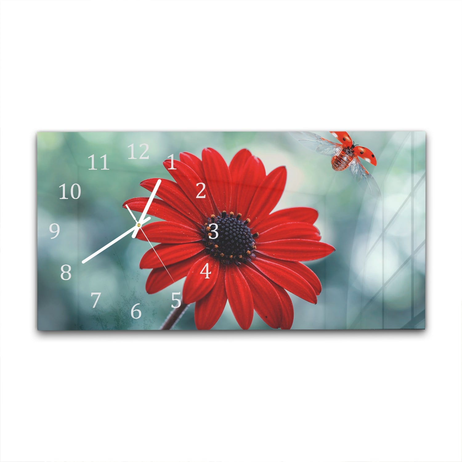 Wanduhr 60x30 - Rote Blume und Marienkäfer