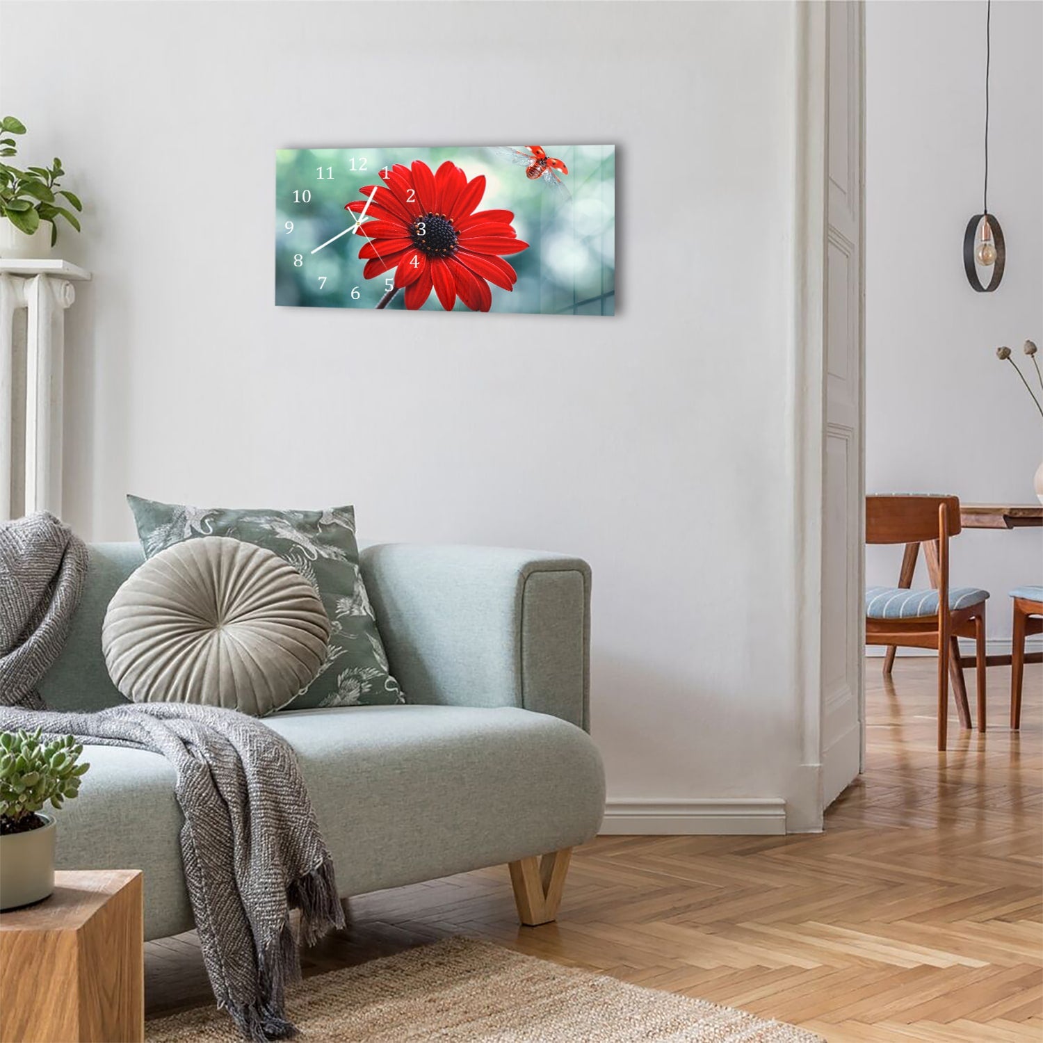 Wanduhr 60x30 - Rote Blume und Marienkäfer