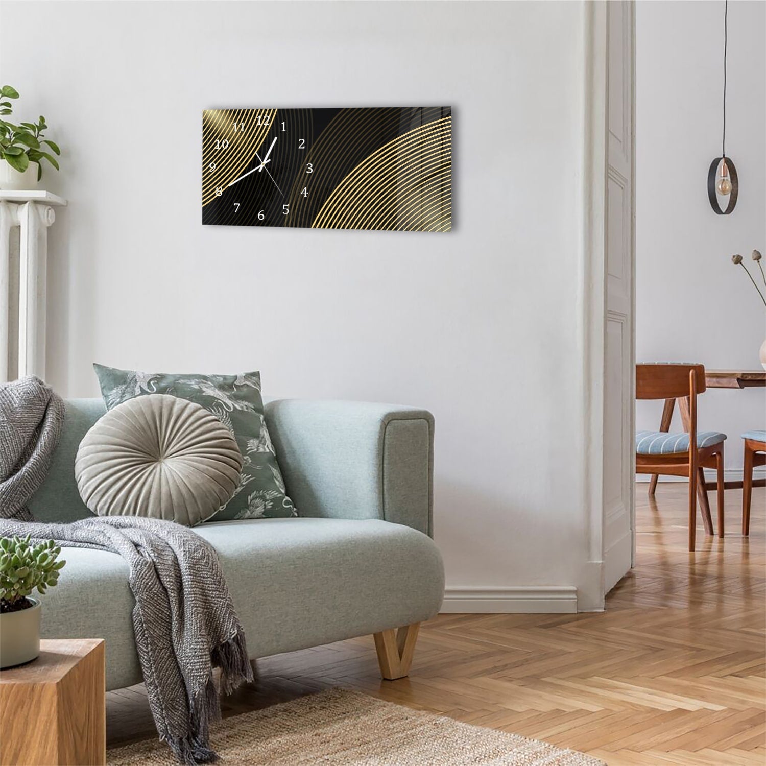 Wanduhr 60x30 - Goldene Linien auf schwarzem Hintergrund