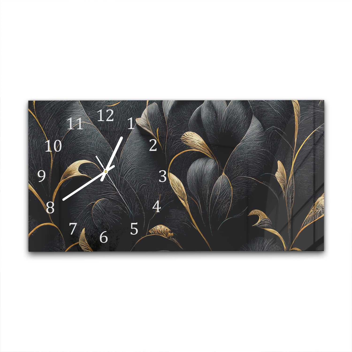 Wanduhr 60x30 - Luxuriöses Schwarz-Gold-Blumenmuster