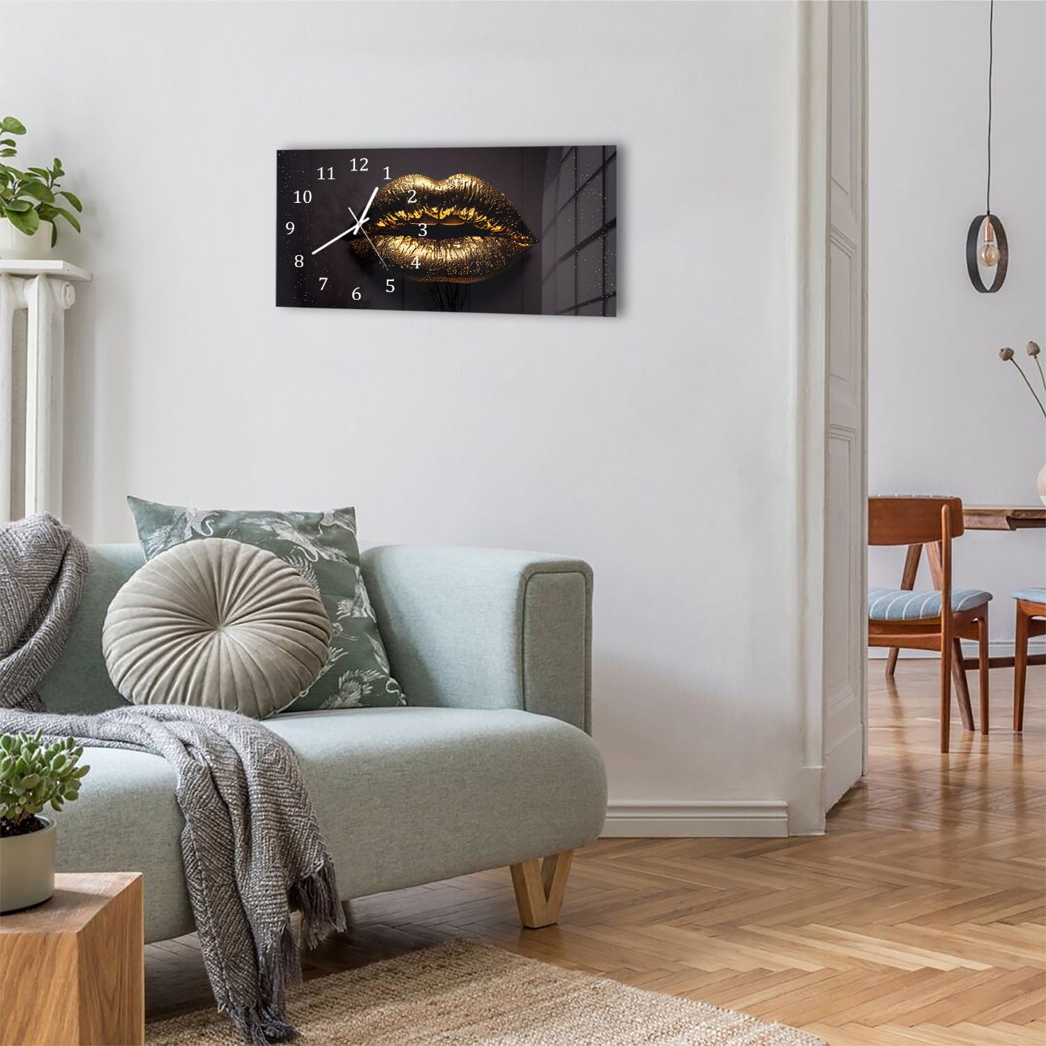 Wanduhr 60x30 - Goldene Lippen auf schwarzem Hintergrund