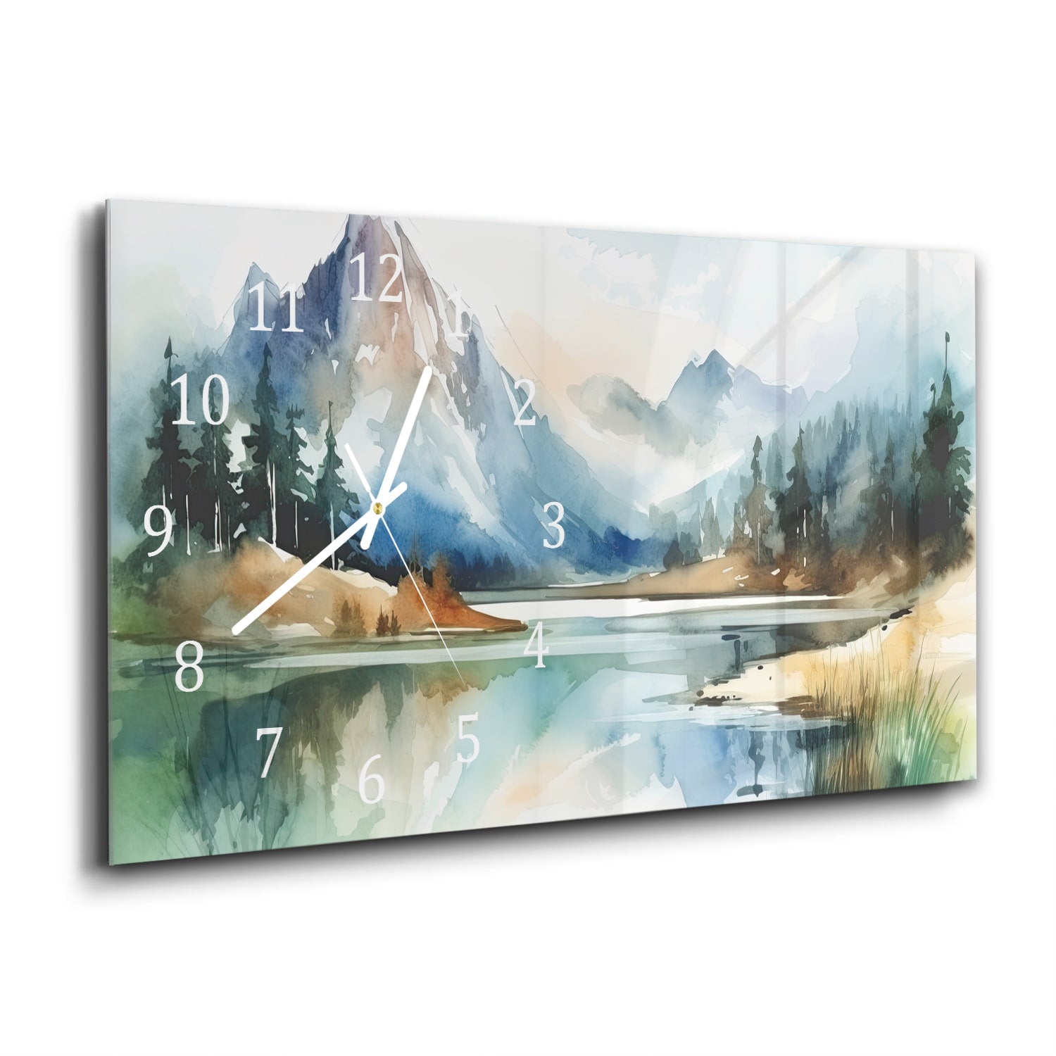 Wanduhr 60x30 - Aquarell-Landschaftsgemälde mit Bergen