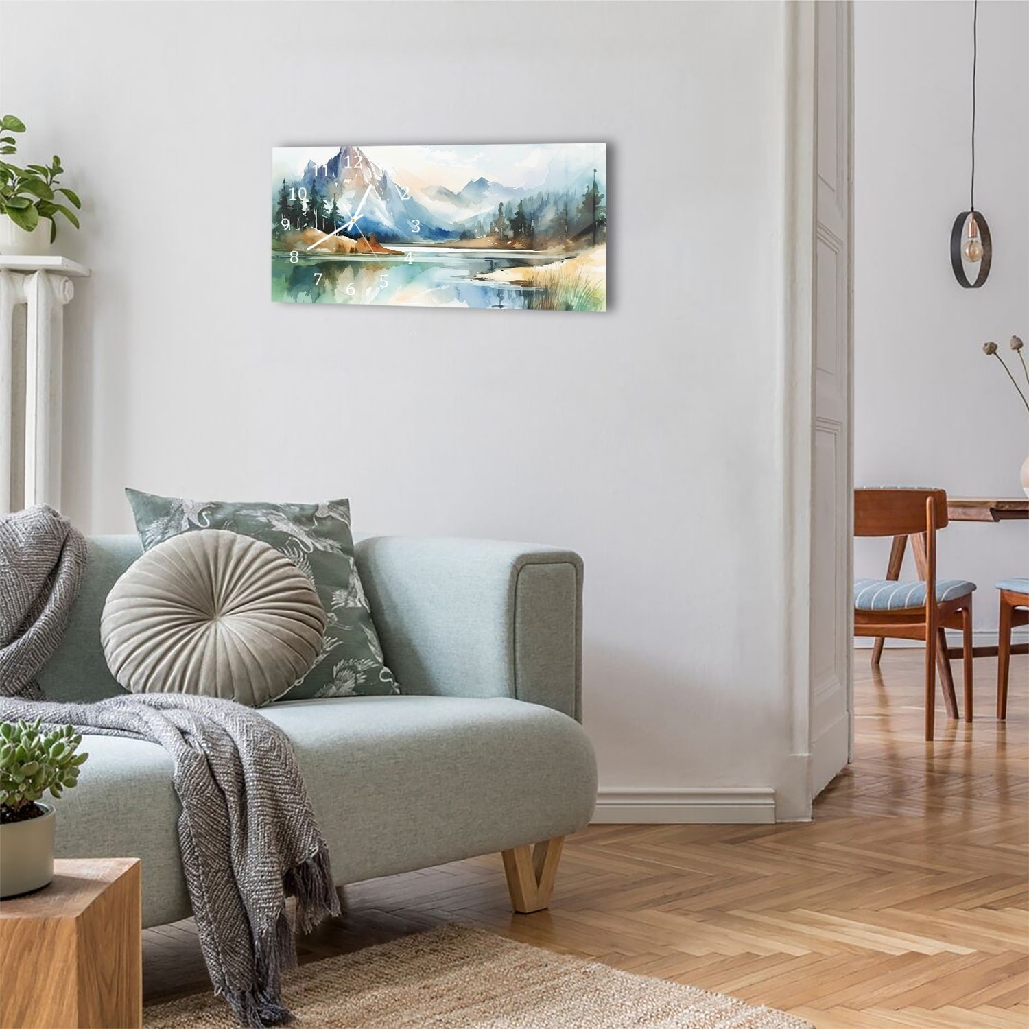 Wanduhr 60x30 - Aquarell-Landschaftsgemälde mit Bergen