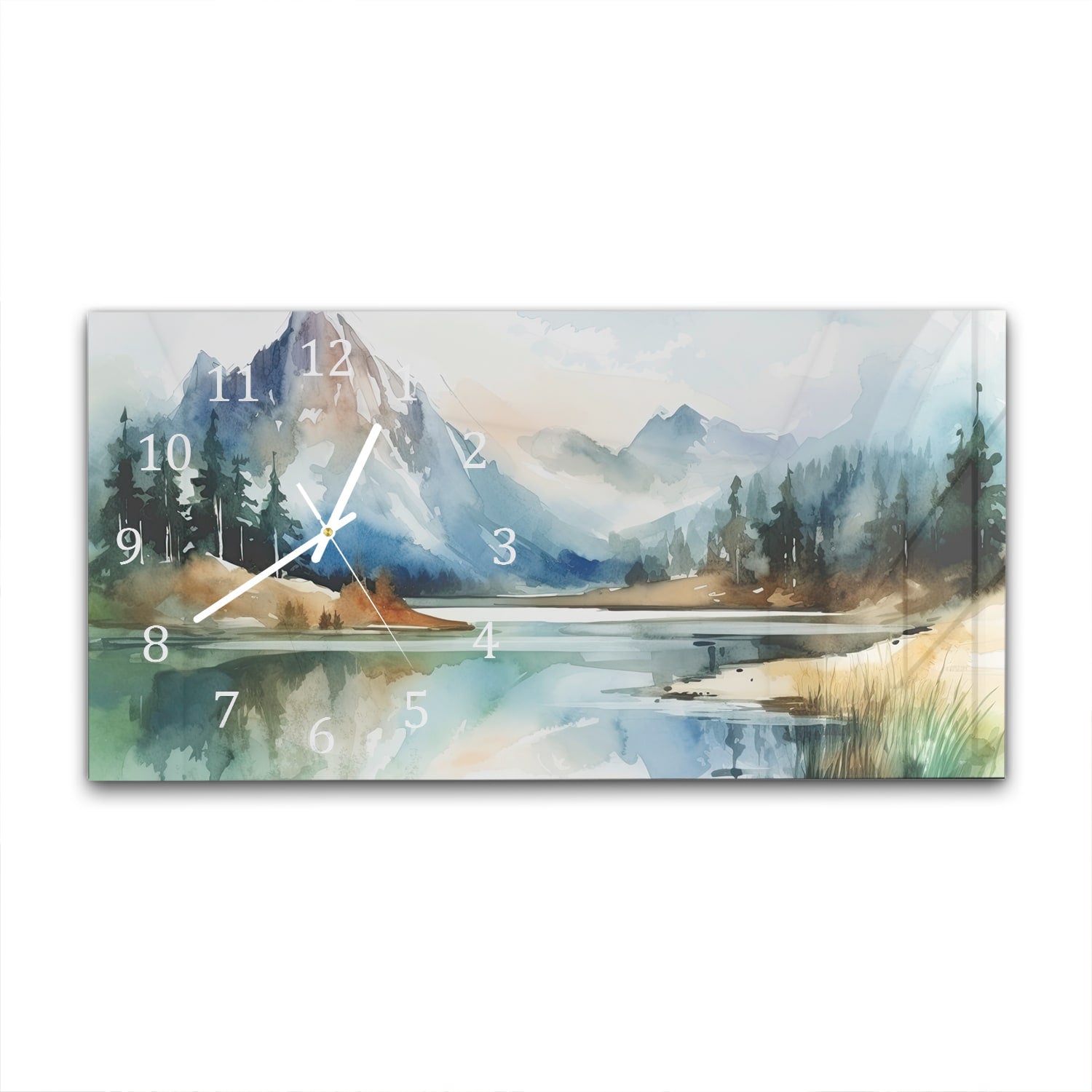 Wanduhr 60x30 - Aquarell-Landschaftsgemälde mit Bergen