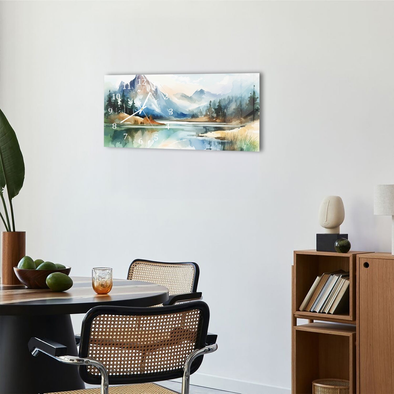 Wanduhr 60x30 - Aquarell-Landschaftsgemälde mit Bergen