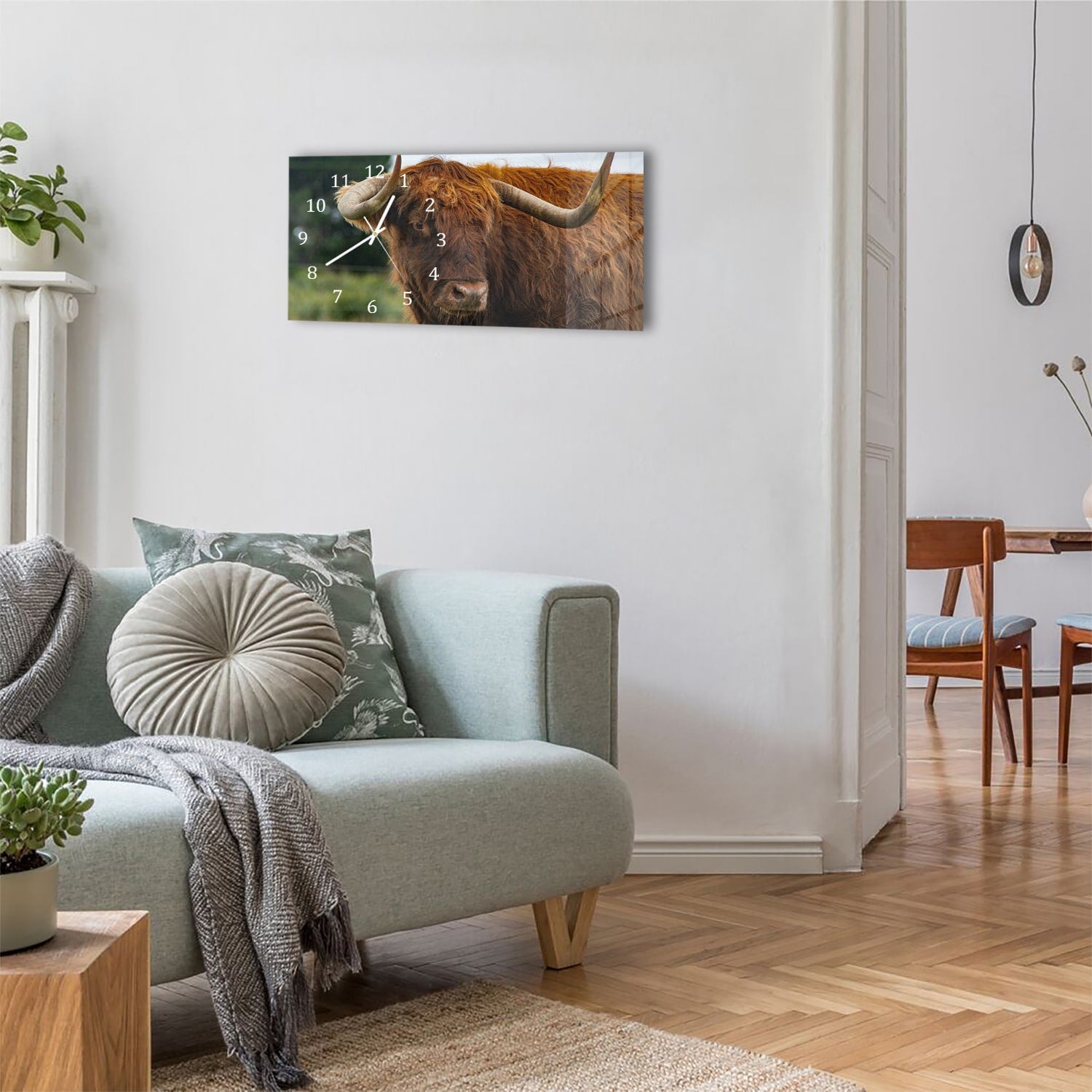 Wanduhr 60x30 - Schottisches Hochlandrind in der Natur