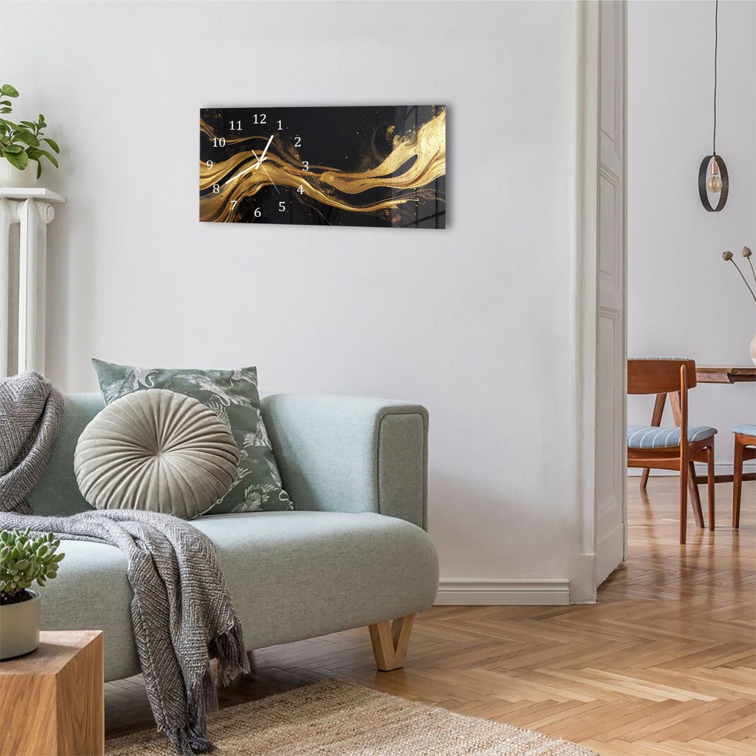 Wanduhr 60x30 - Abstrakter luxuriöser Schwarz-Gold-Hintergrund