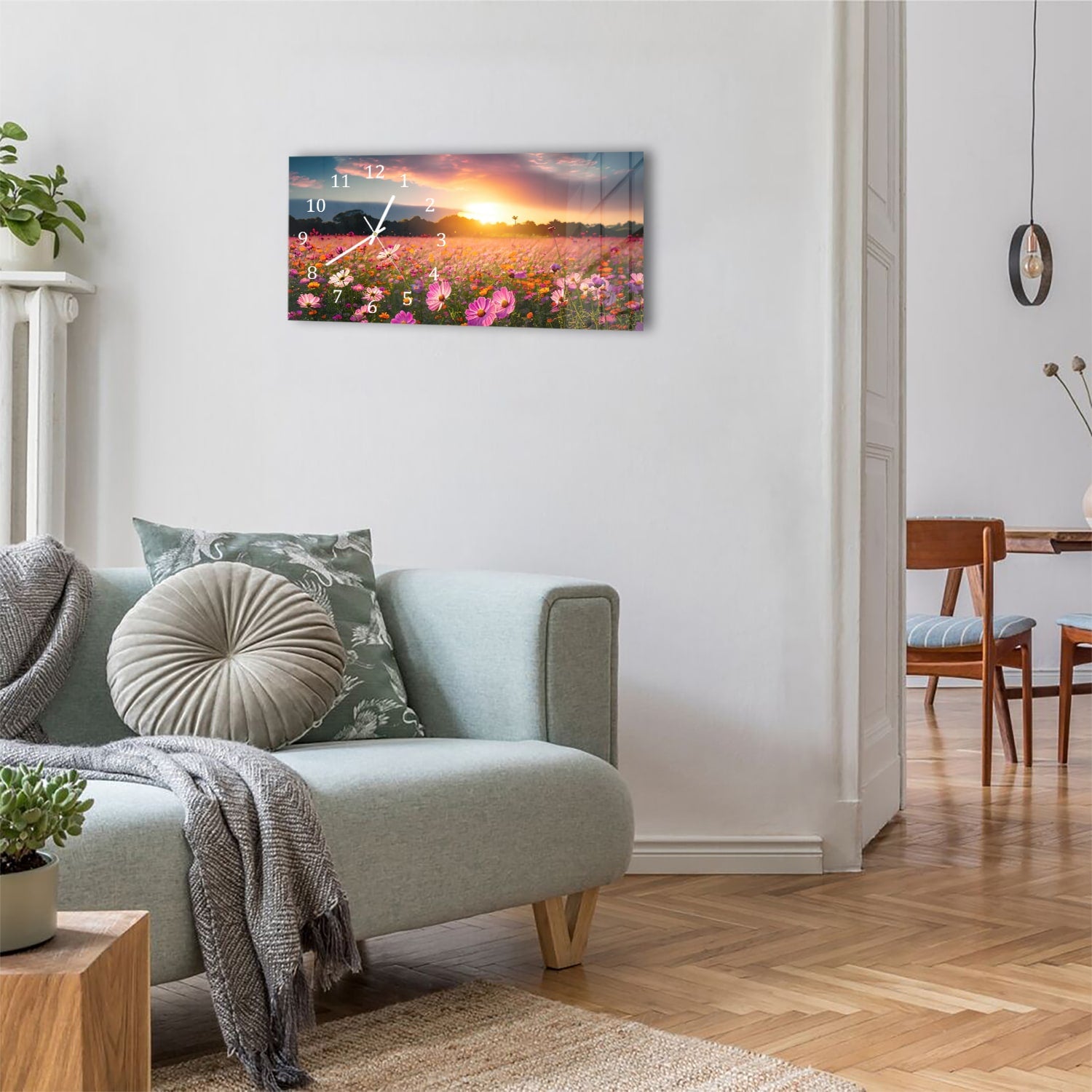 Wanduhr 60x30 - Sommerblumen bei Sonnenuntergang