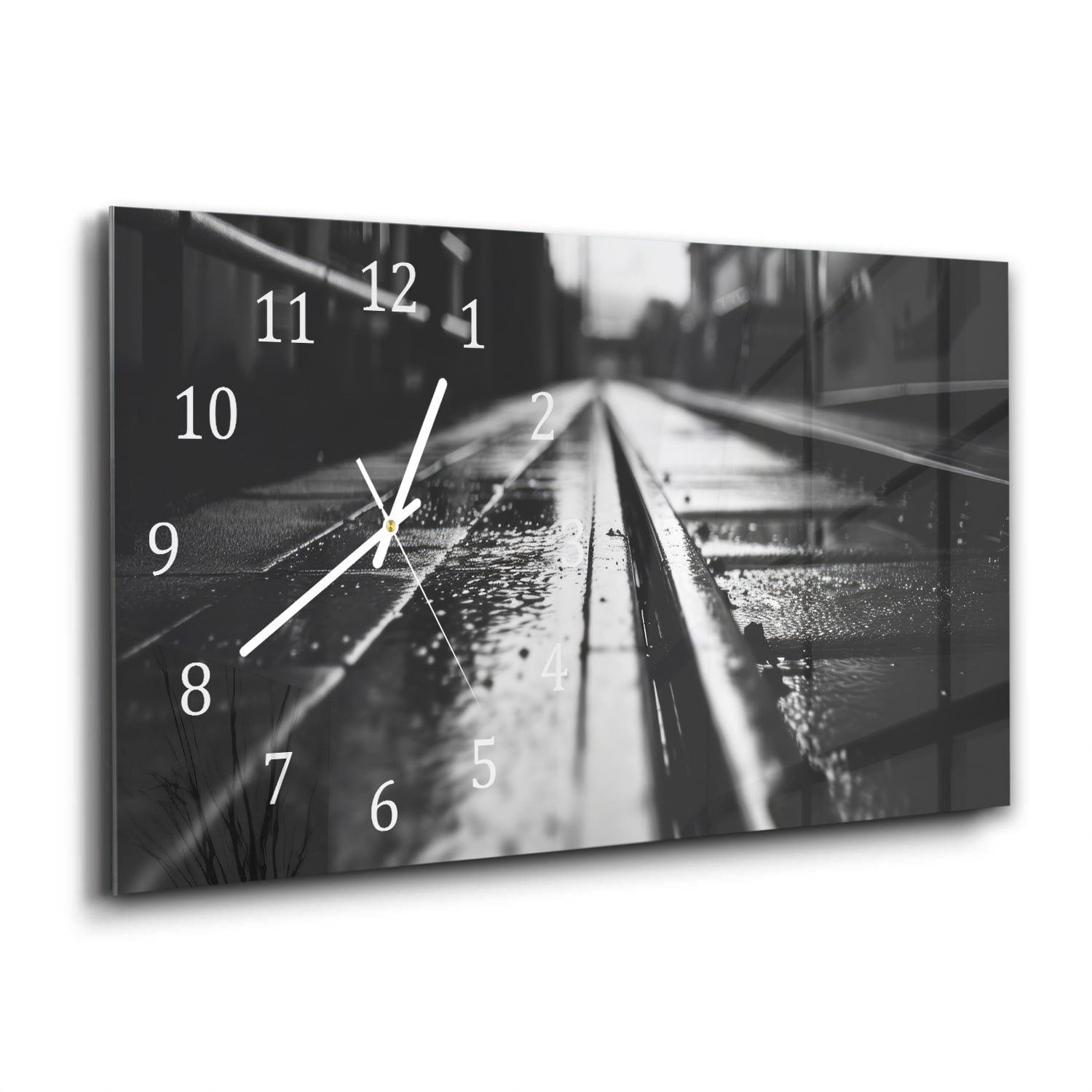 Wanduhr 60x30 - Schwarz-weiß Bahngleis