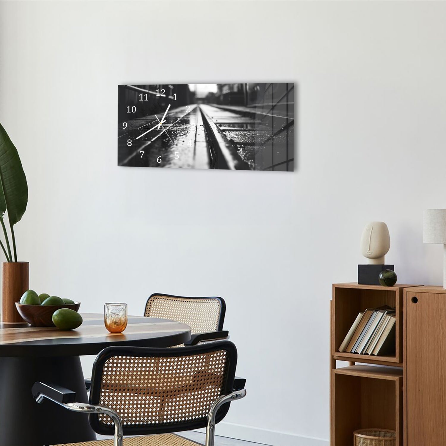 Wanduhr 60x30 - Schwarz-weiß Bahngleis