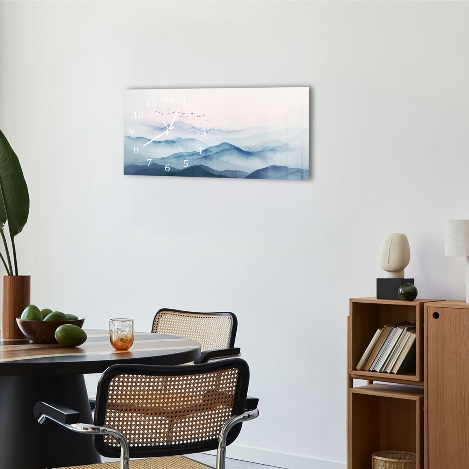 Wanduhr 60x30 - Aquarell-Gemälde neblige Berge