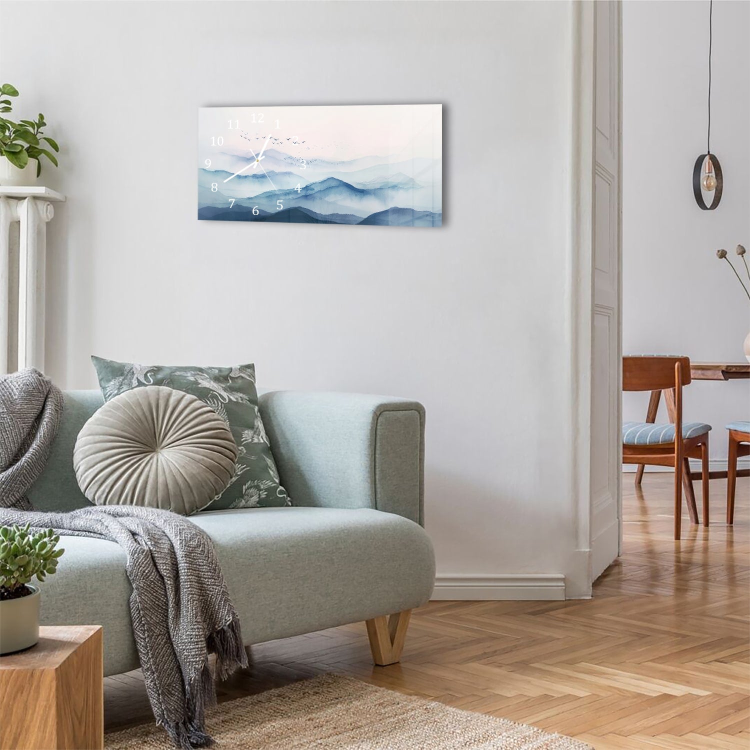 Wanduhr 60x30 - Aquarell-Gemälde neblige Berge