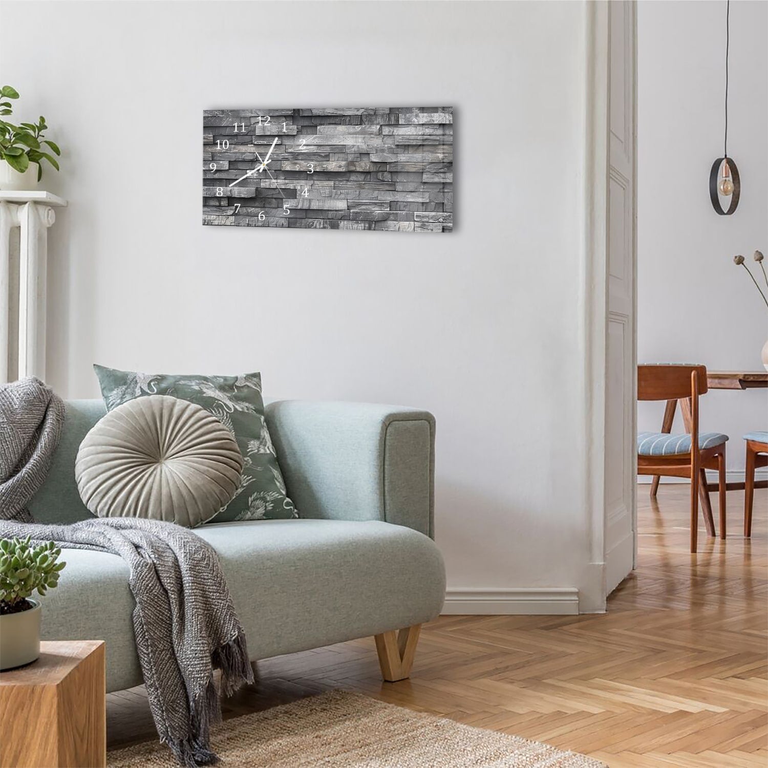 Wanduhr 60x30 - Schwarze Steinmauer in Schwarz-Weiß