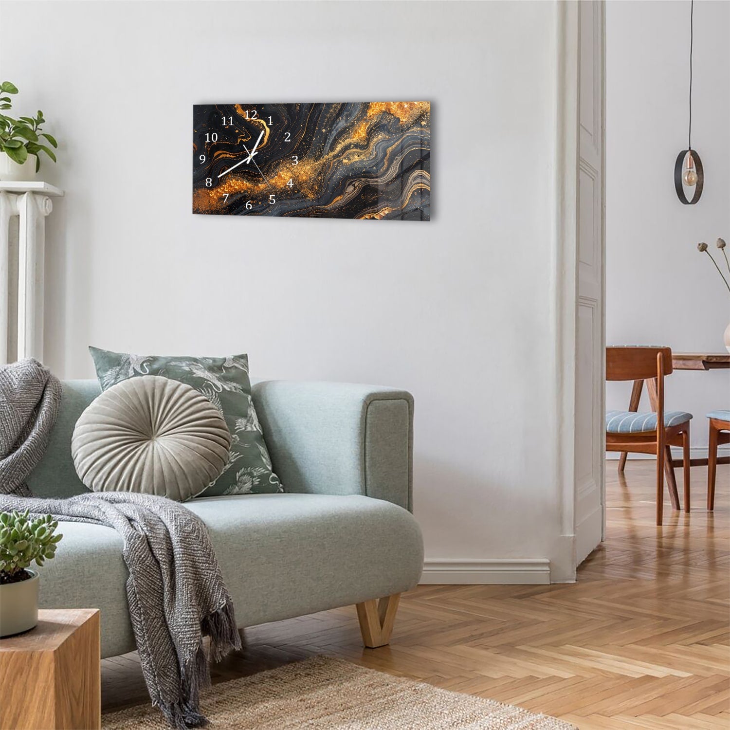 Wanduhr 60x30 - Schwarz/Gold-Marmor-Textur